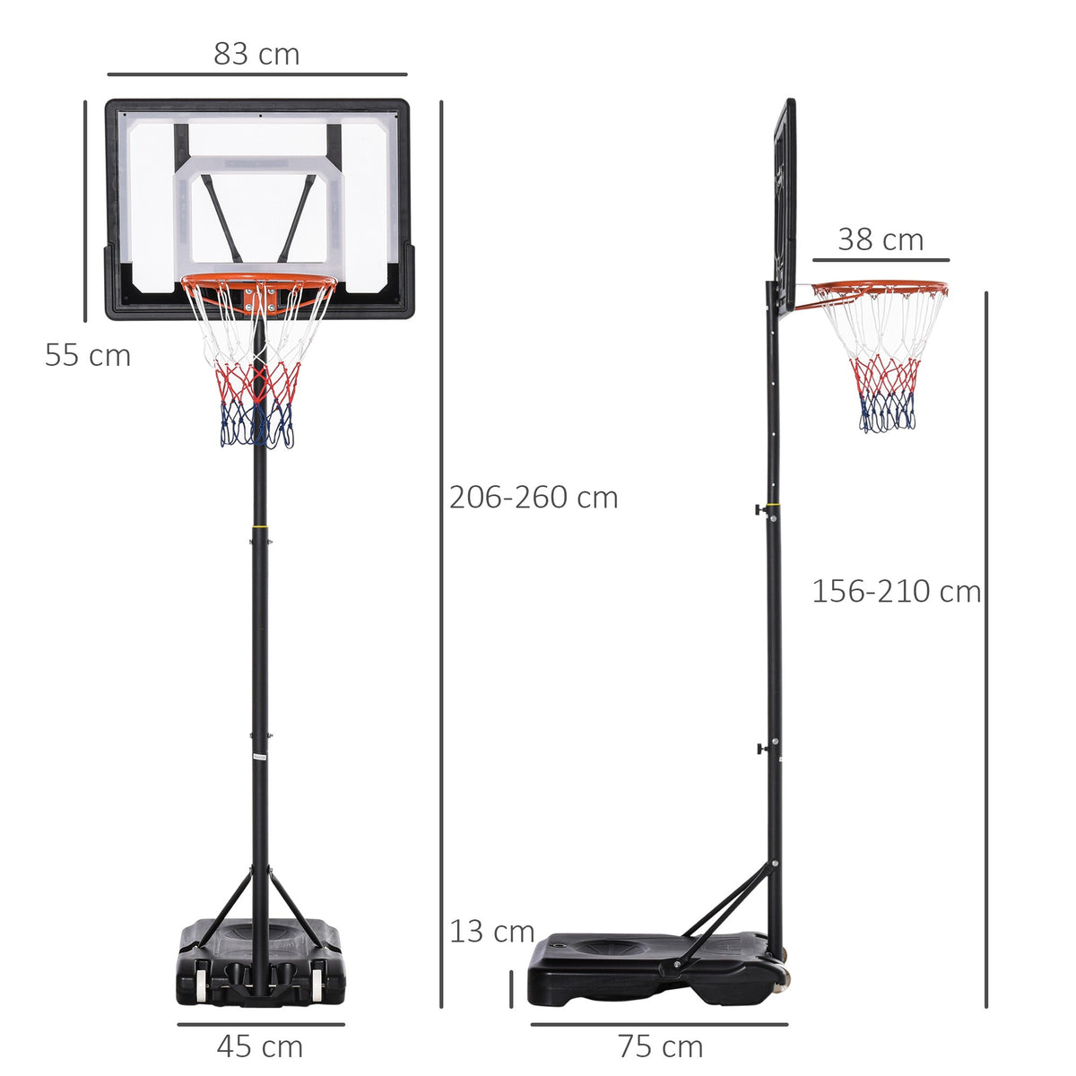 Outdoor Basketball Hoop, Height-Adjustable Stand with Wheels, Black