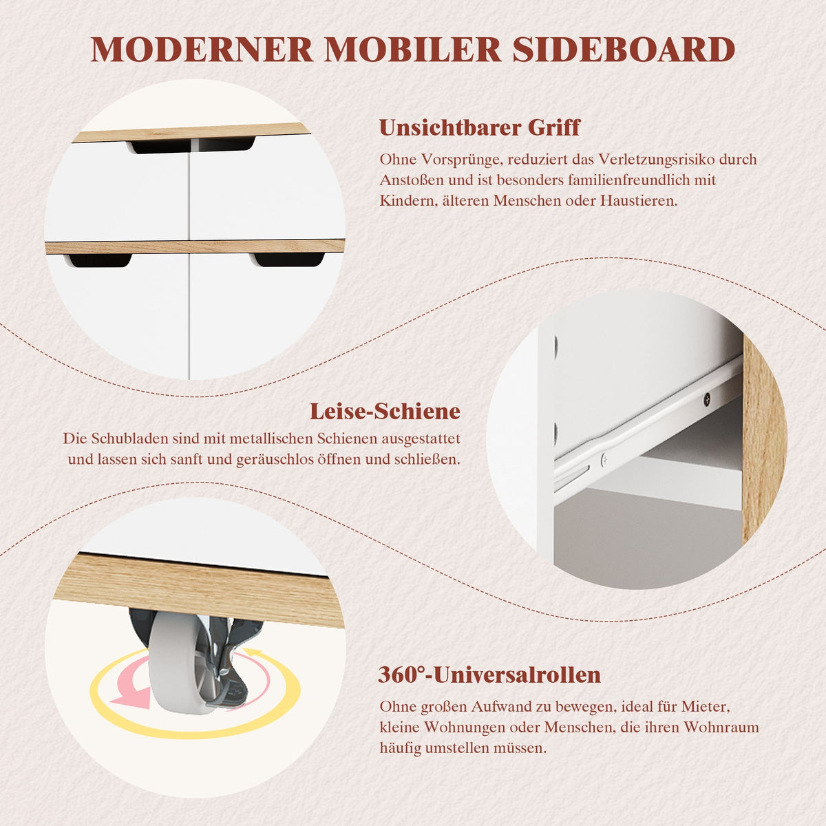 Modern Serving Trolley with 360° Swivel Casters and Storage, White and Wood