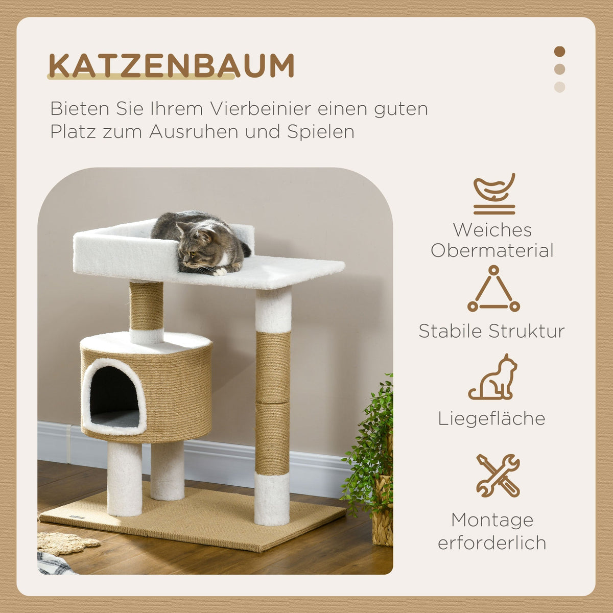 Cat Tree 79cm Small, with Cat Cave & Lying Area, Jute Brown/White