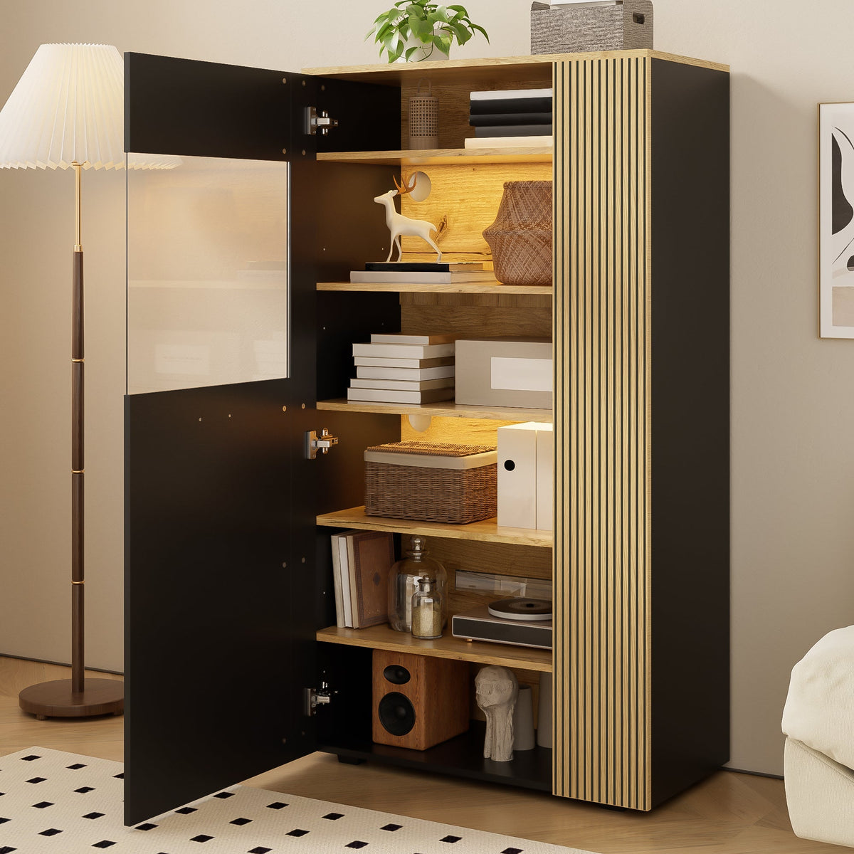 Modern Storage Cabinet, 16-Color LED Lights, Adjustable Shelves, Cable Management, PB with Glass Doors