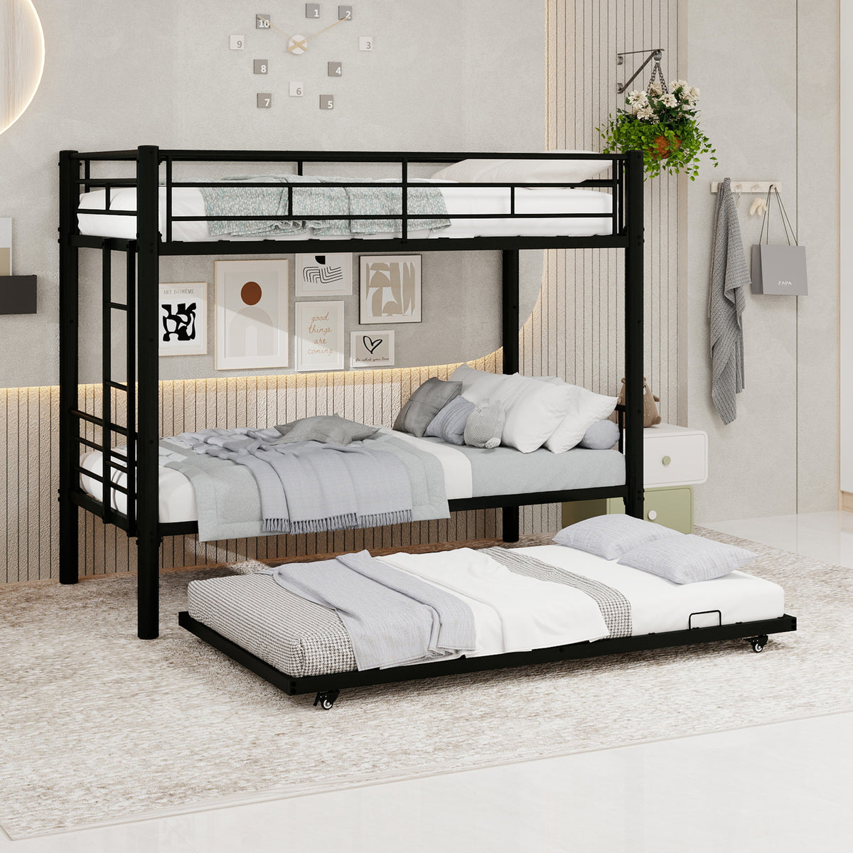 Modern Three-Tier Bed 90x190cm with Safety Railings, Metal
