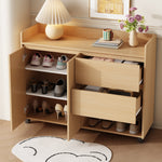 Shoe Cabinet, Movable with Adjustable Shelves, Soft-Closing Hinge, Natural MDF
