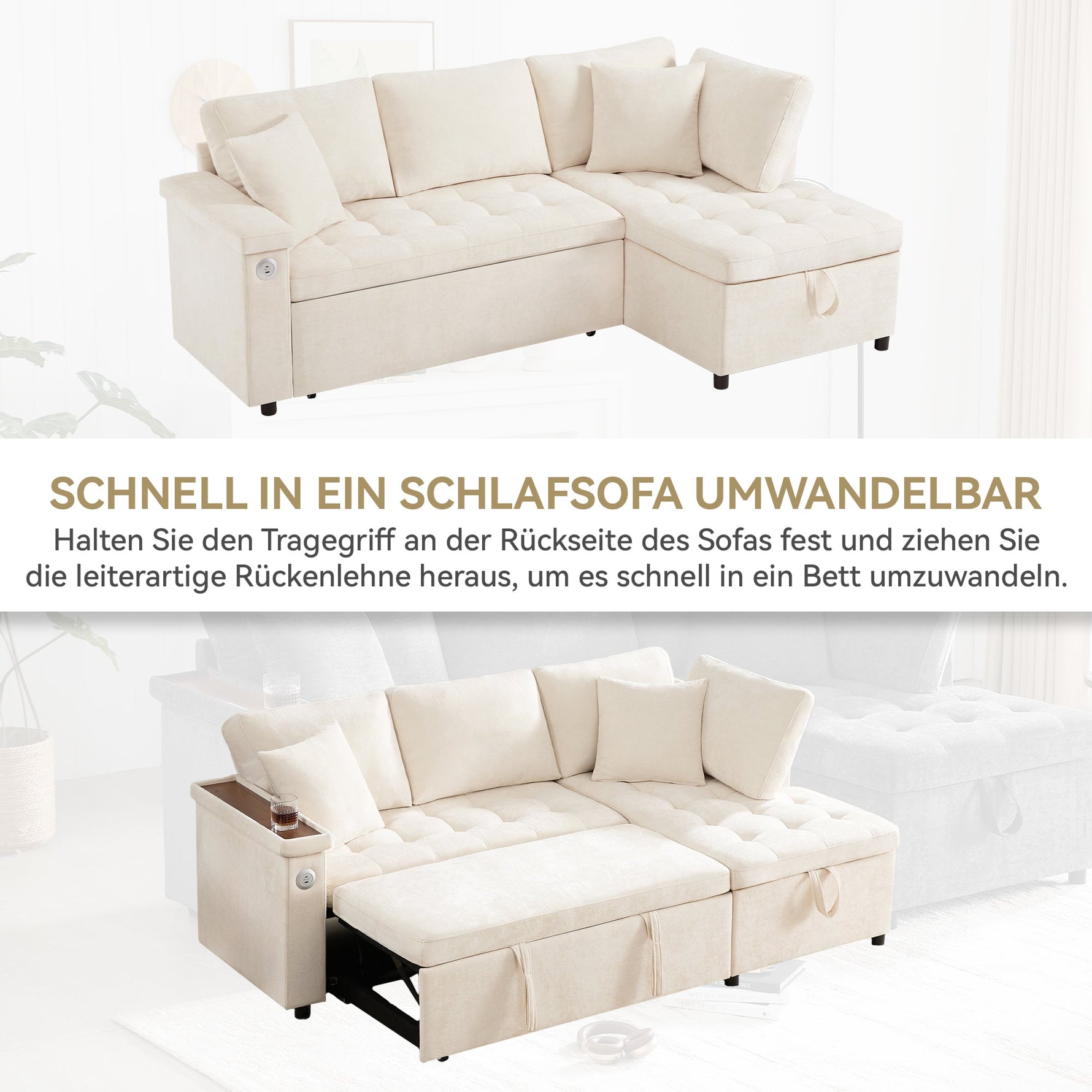Modern L-shaped Sofa Bed with Storage, USB Charger, and Cushions, Beige