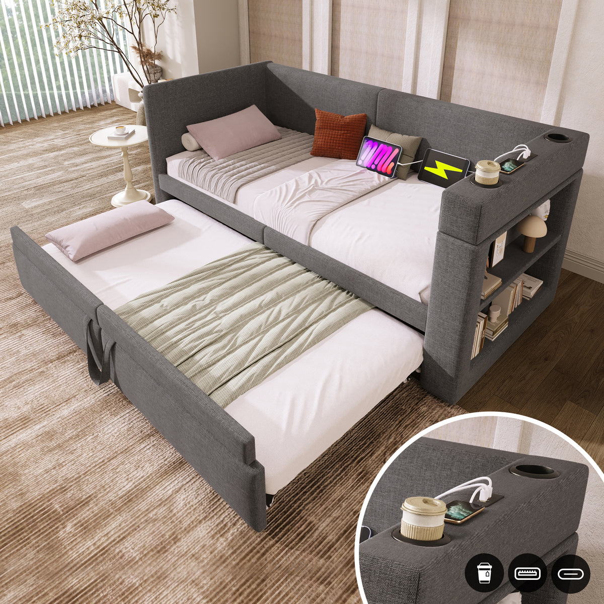 Upholstered Daybed 90x200cm with Trundle & USB, Grey Linen