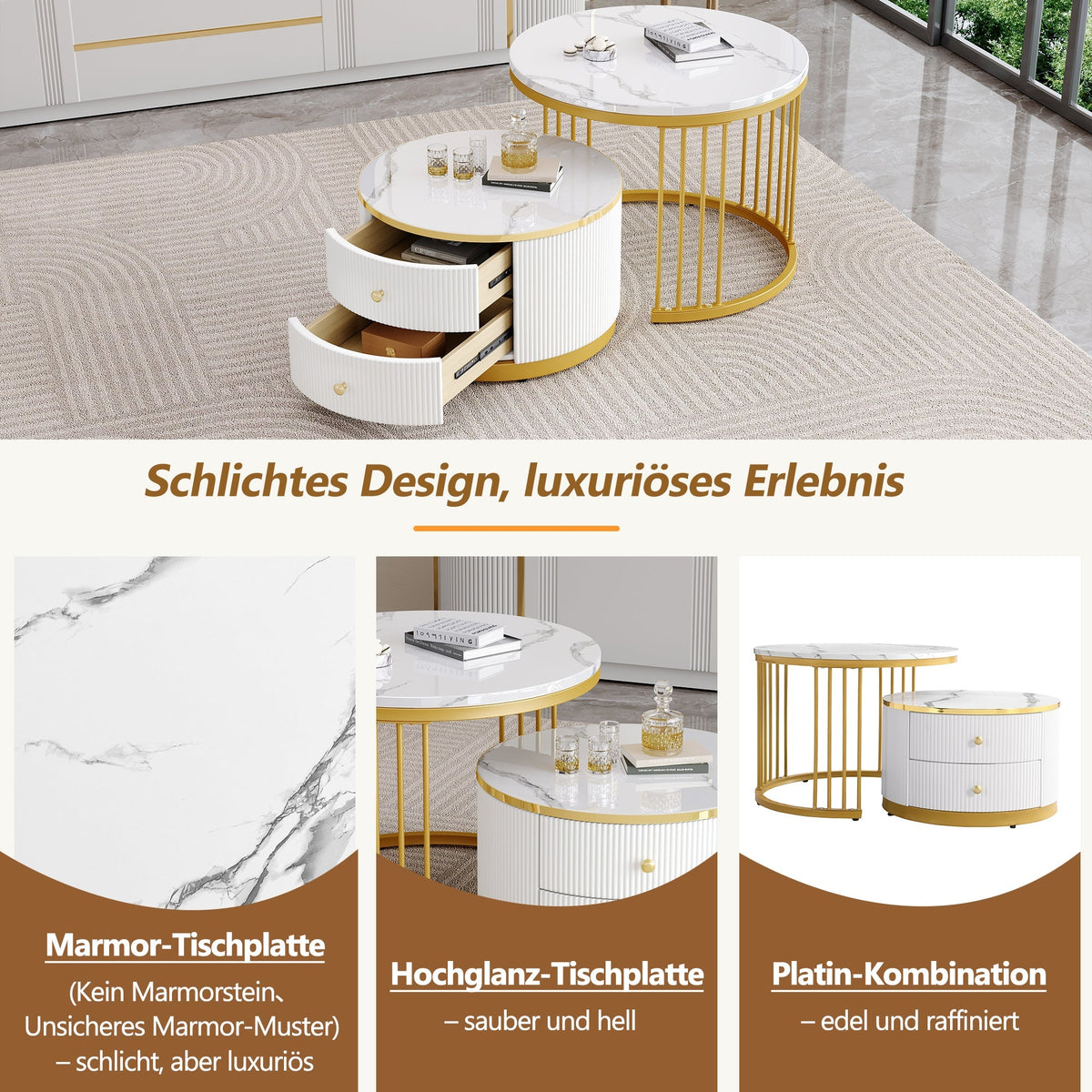 Elegant Nesting Coffee Table Set with Drawers, White Marble Look