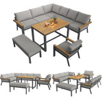 L-Shaped Garden Sofa Set 8-Person Iron Frame Wood Table - Grey Cushions