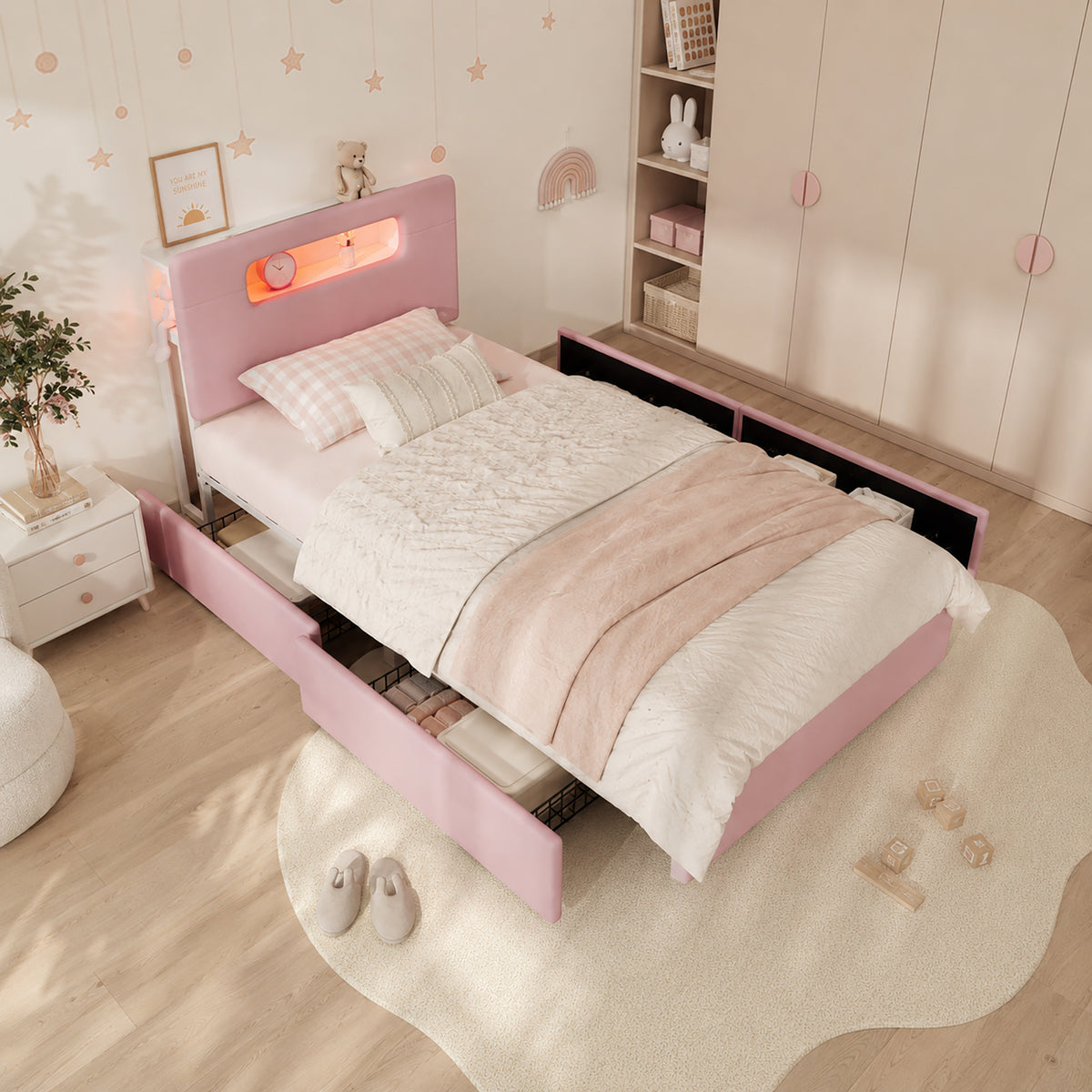 Children's Upholstered Bed 90x200cm with 4 Drawers & LED, Pink