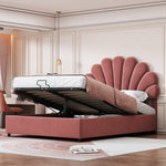 Upholstered Bed, 140x200cm, Floral Headboard, Hydraulic Storage, Pink Velvet