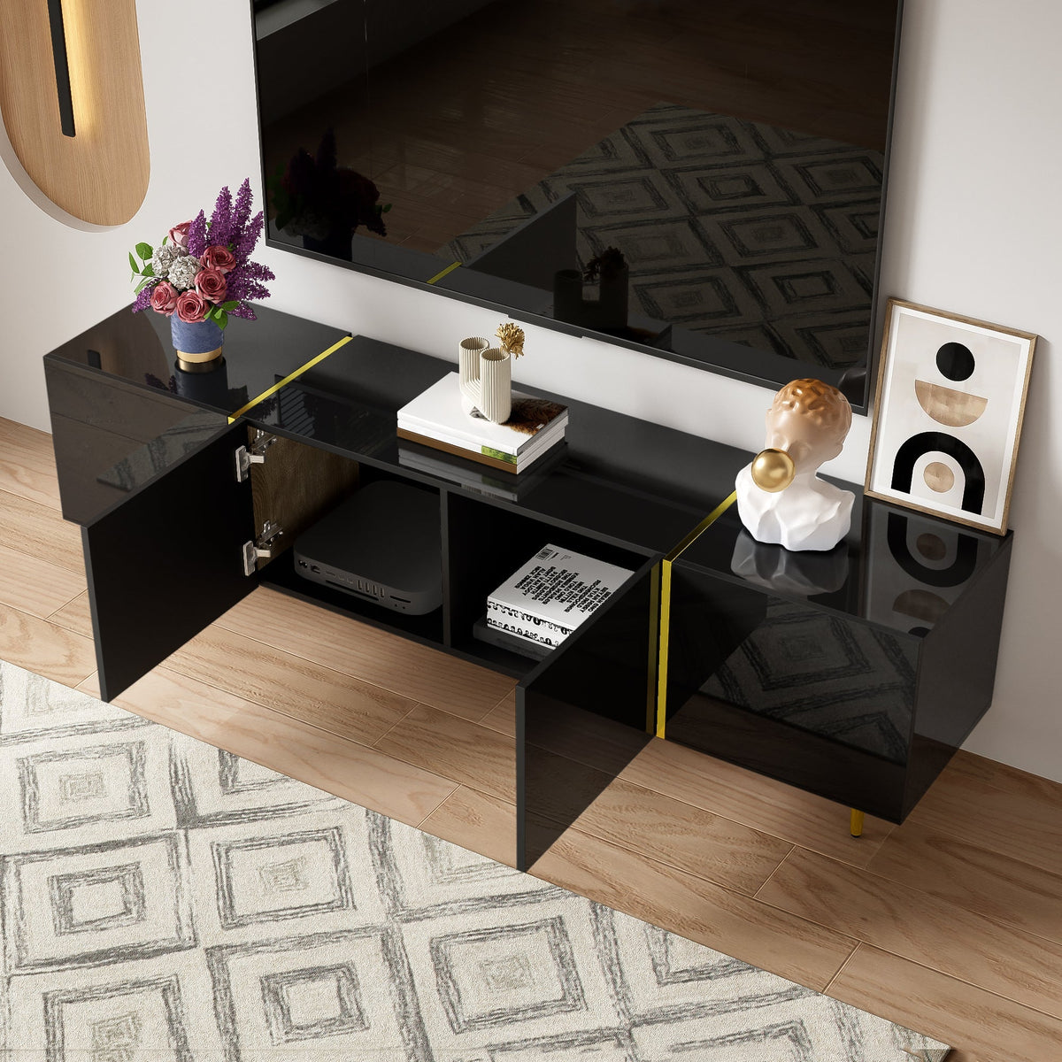TV Cabinet, Modern 4-Door, High-Gloss Black and Gold