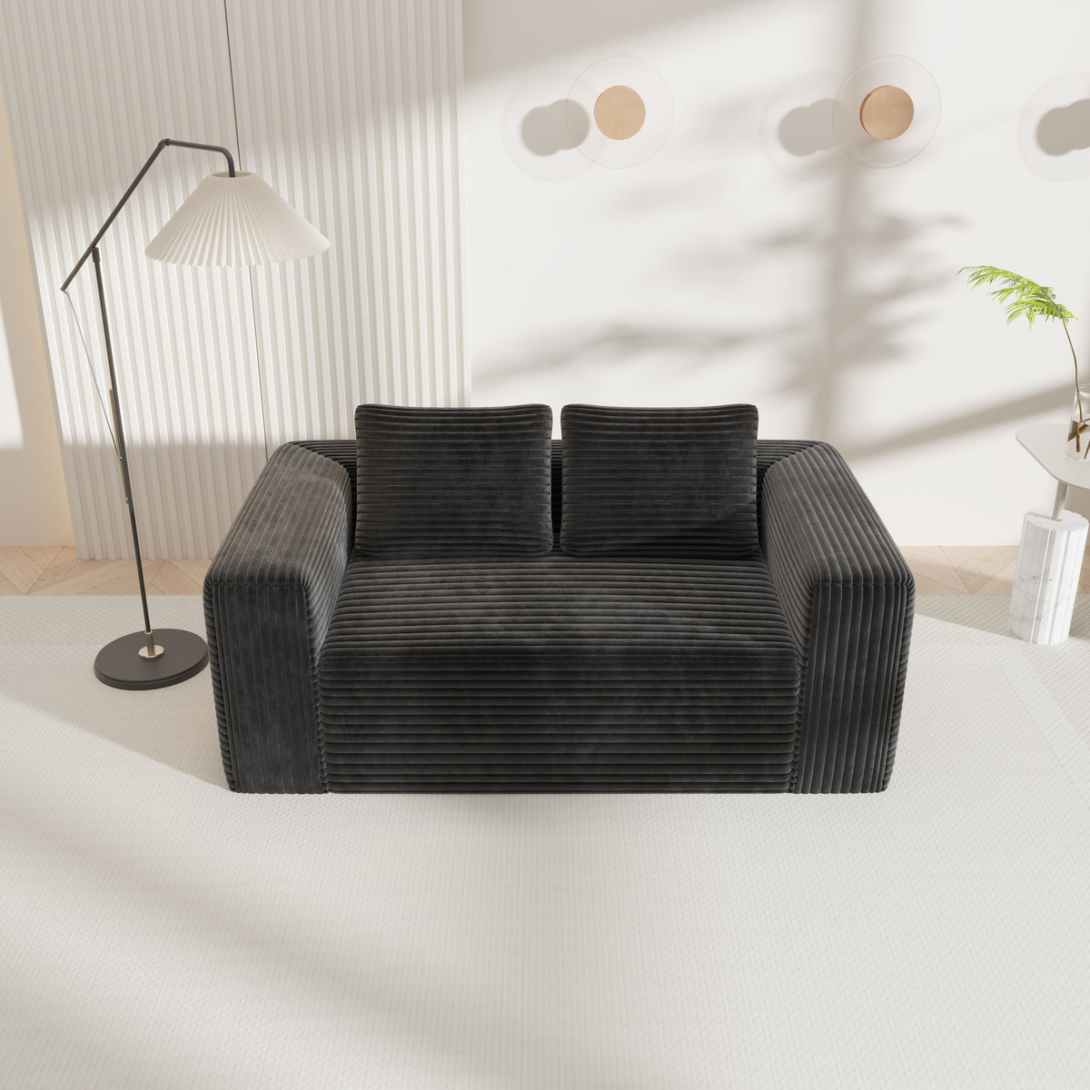 Boneless Deep Seat 2-Seater Couch No Assembly Foam Floor Sofa Plush Corduroy Black