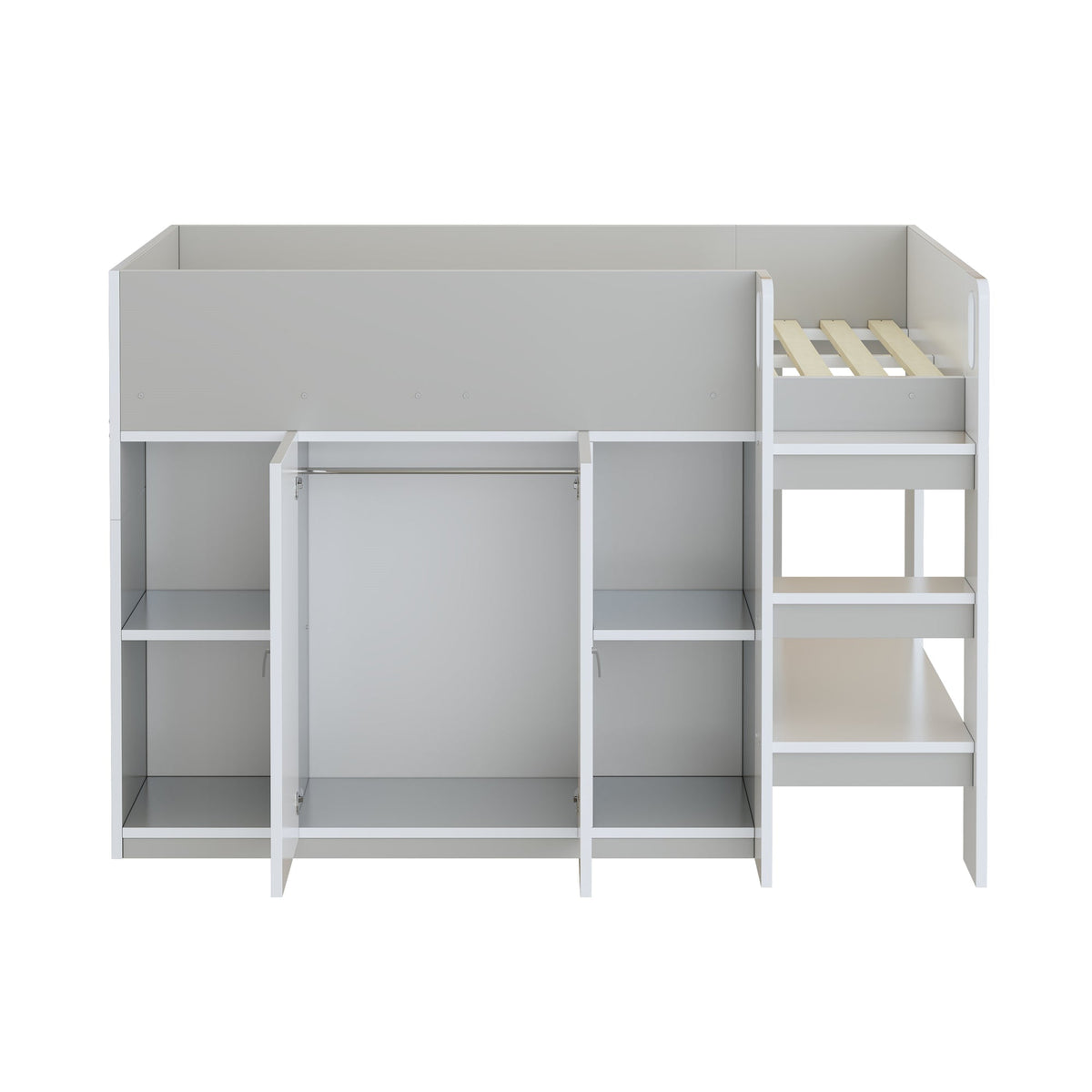 Loft Bed 90*200, Multifunctional with Storage, Wardrobe, Shelves, Ladder, Gray