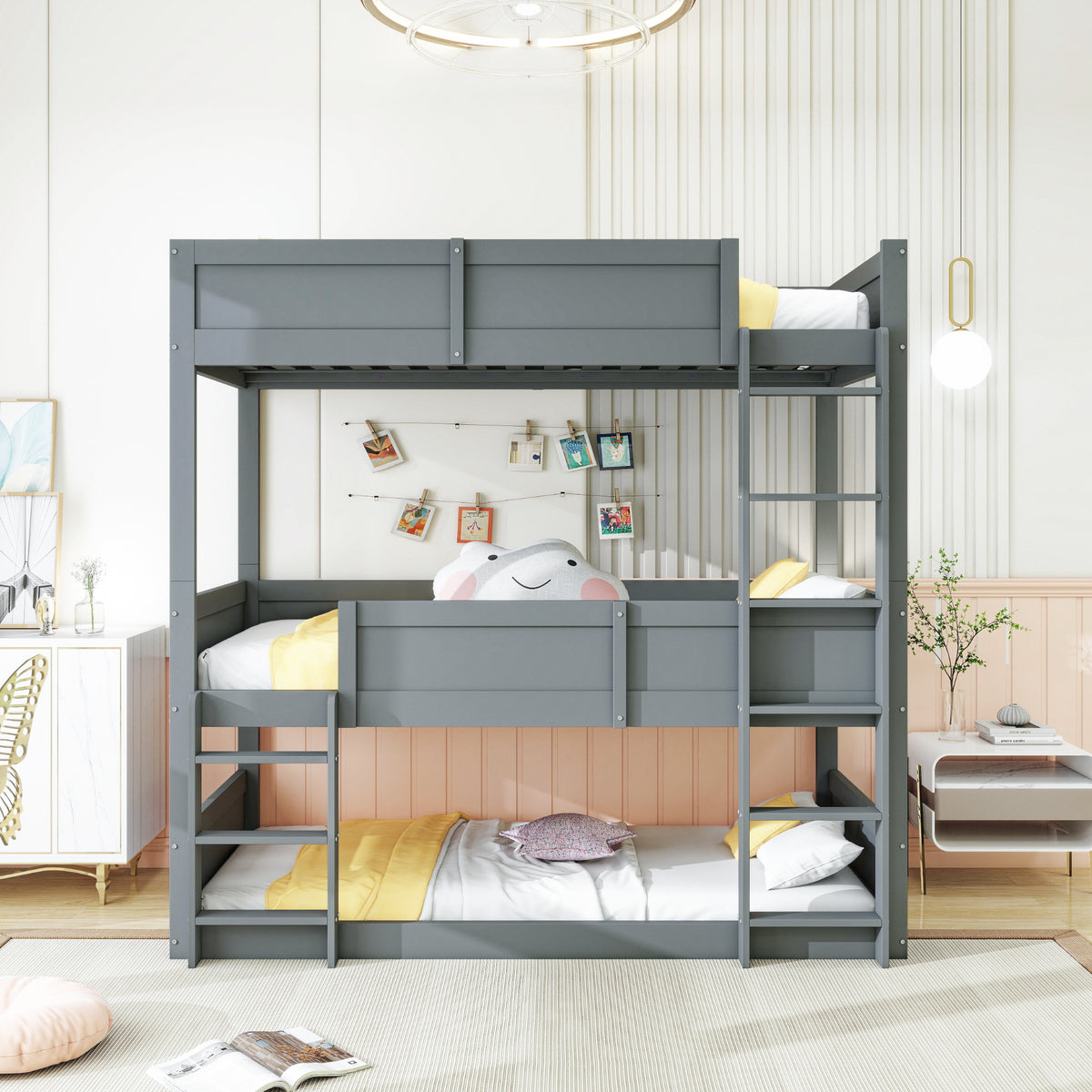 Triple Bunk Bed 90x200 cm with High Fence & Slats, Grey Wood