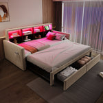 Extendable Upholstered Sofa Bed with LED Headboard, Storage and USB Charging, Beige Velvet