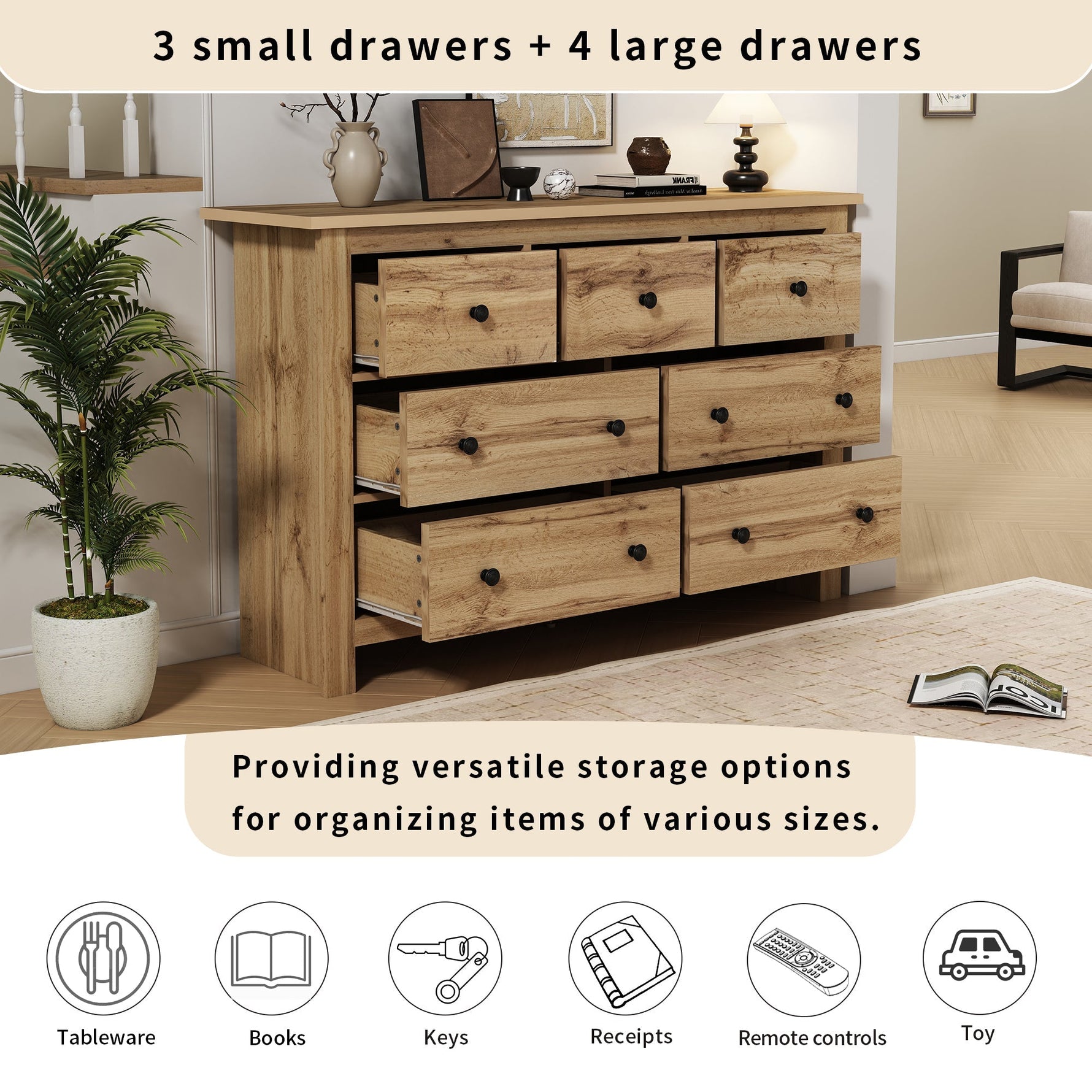 Dining Cabinet, Modern Minimalist Buffet with 7 Drawers, Original Wood
