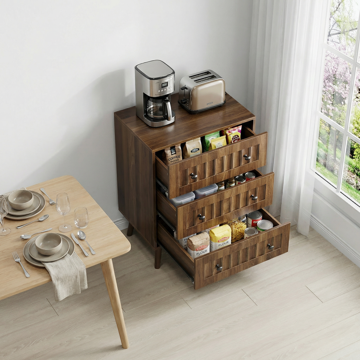 Chest of Drawers with 3 Drawers and Storage Cabinet, Walnut Wood