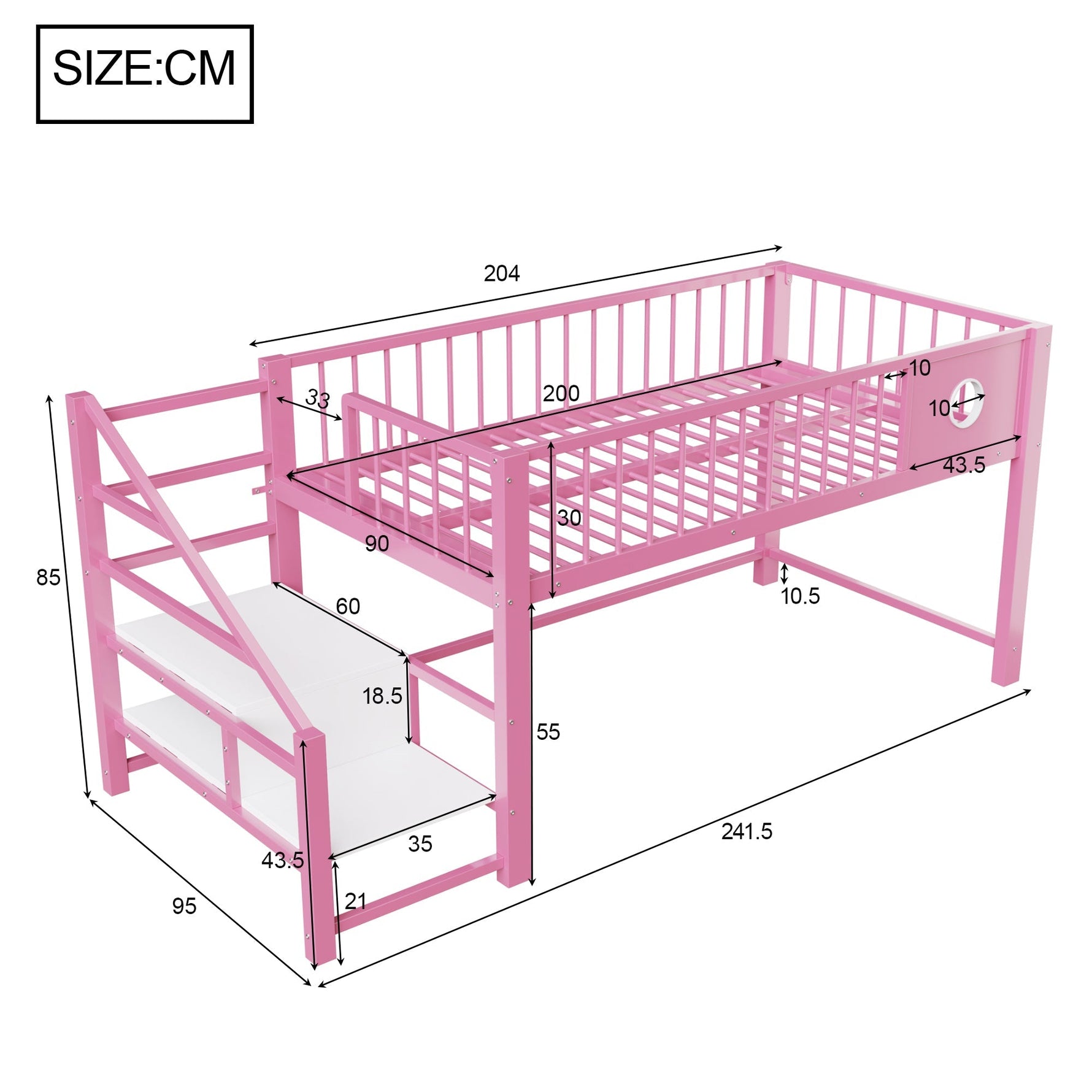 Low Loft Bed for Children with Storage Ladder and Metal Frame, 90x200cm, Pink Metal