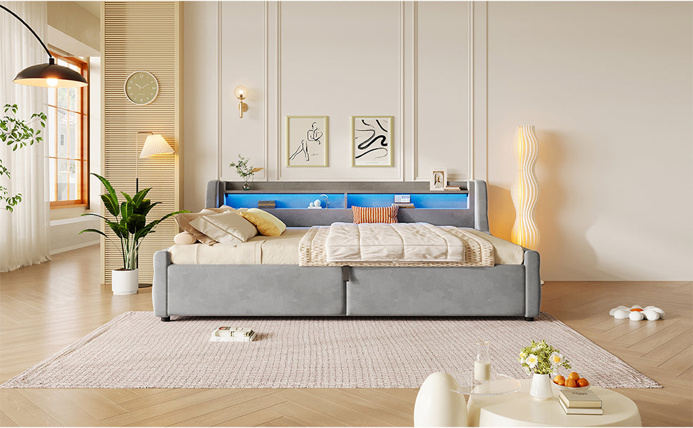 Platform Bed 140x200 with Hydraulic Storage & LED, Grey Velvet