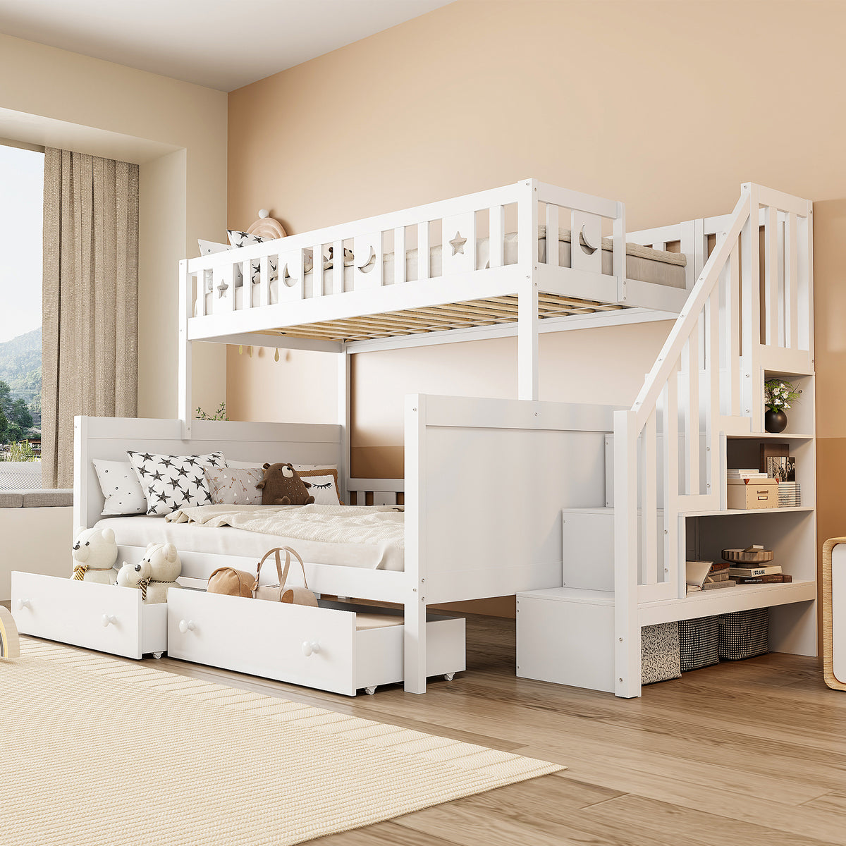 Children's Bunk Bed with Safety Stairs & Drawers, White