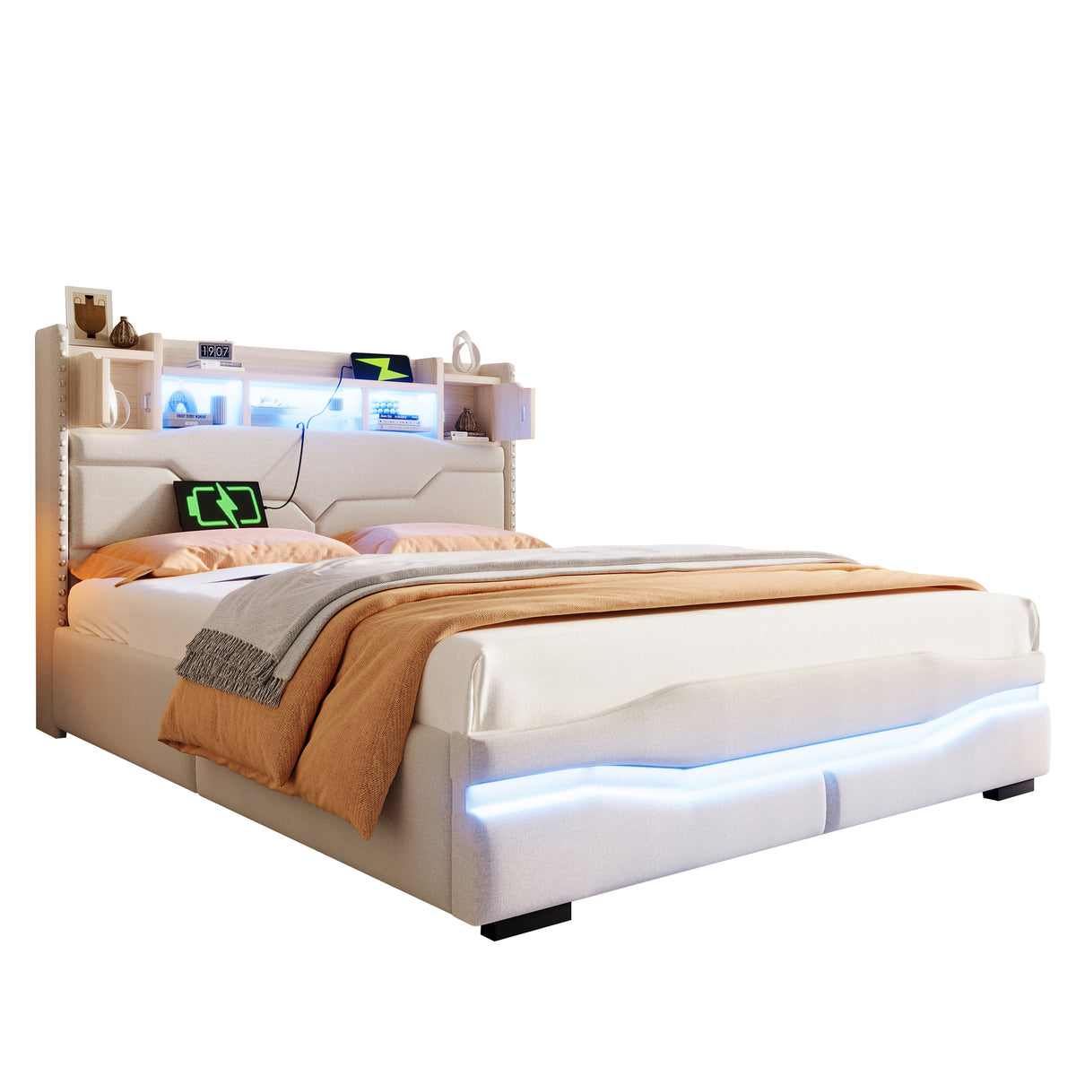 Upholstered Hydraulic Storage Bed 140x200cm LED Light, Beige