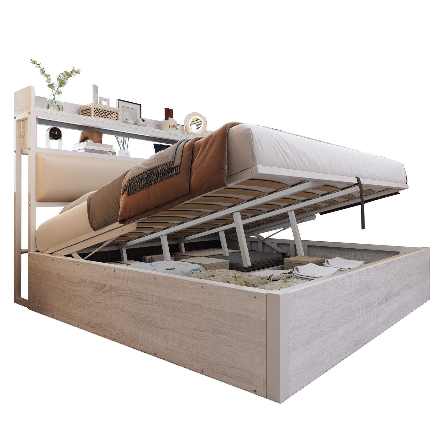 Bed Frame 180x200, Hydraulic Lift, USB, Upholstered Headboard, Hidden Storage, Wood & Metal, White