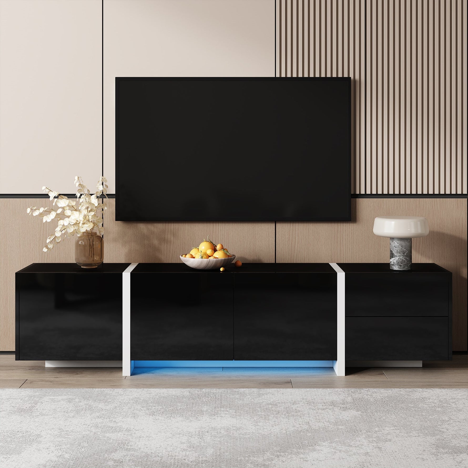 TV Stand Low Cabinet with LED Light Strip, Black/White