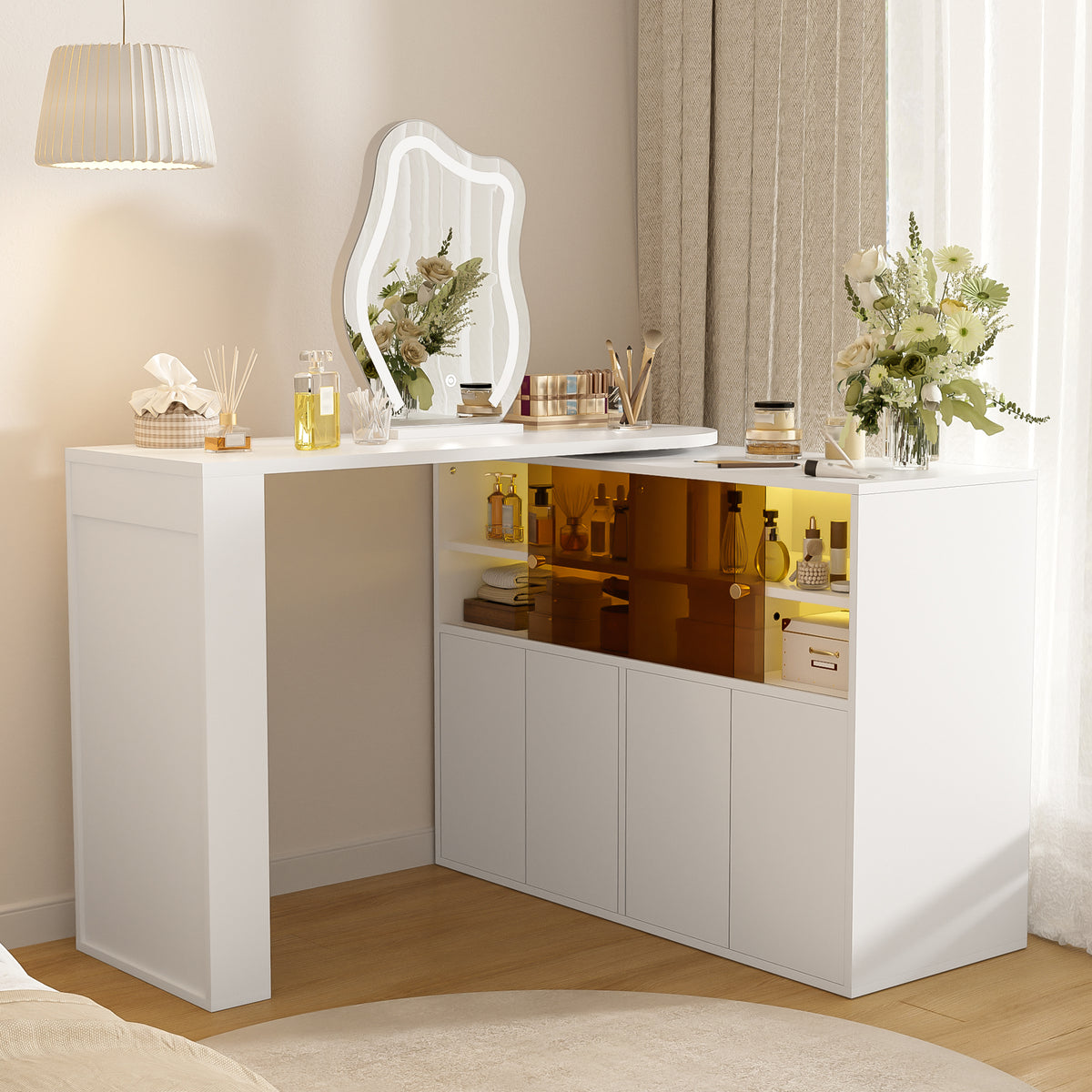 Rotating Vanity Table with LED Lighting & Storage, White