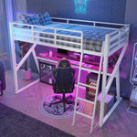 Loft Bed 90x200cm with Desk, LED & Stairs, White Iron Frame