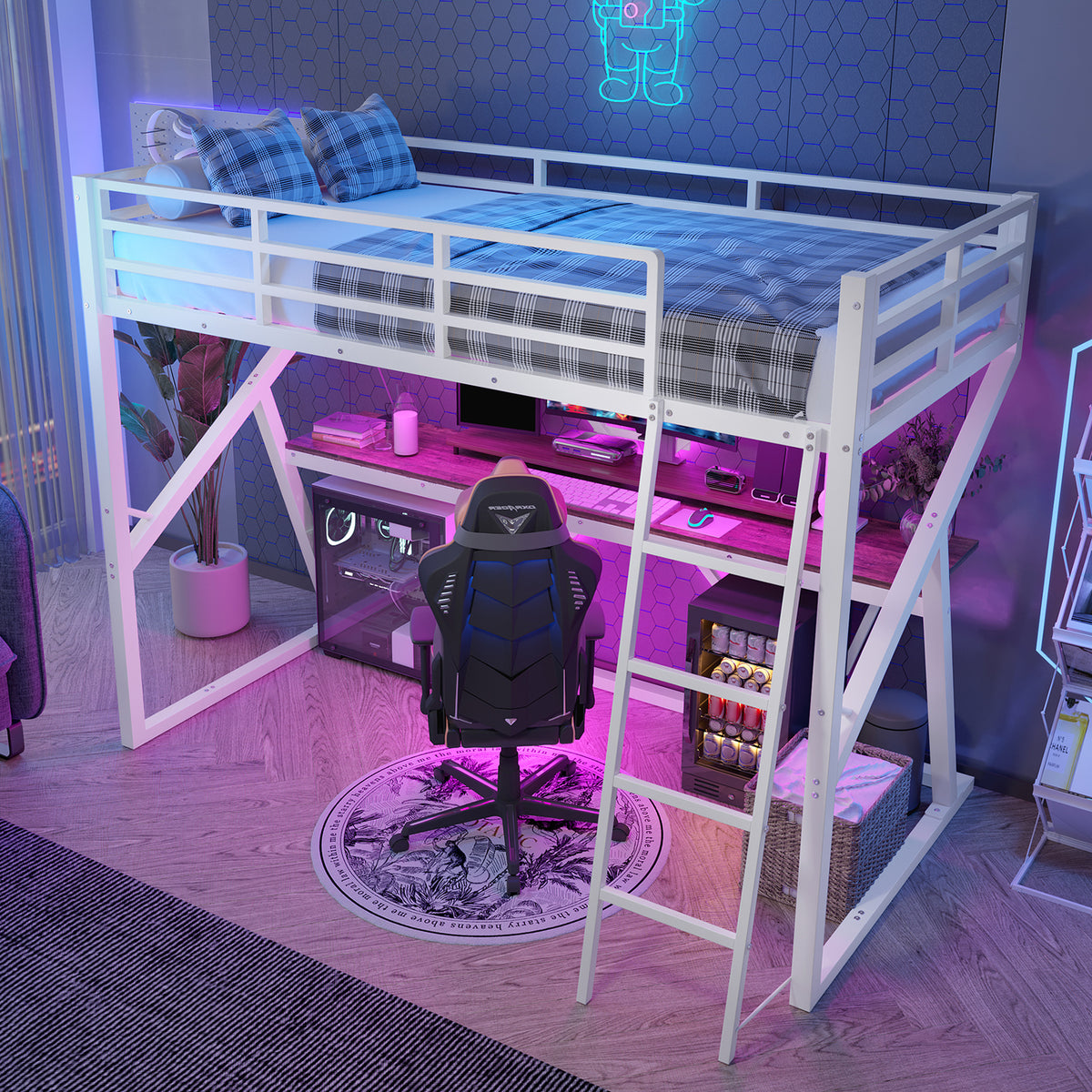 Loft Bed 90x200cm with Desk, LED & Stairs, White Iron Frame
