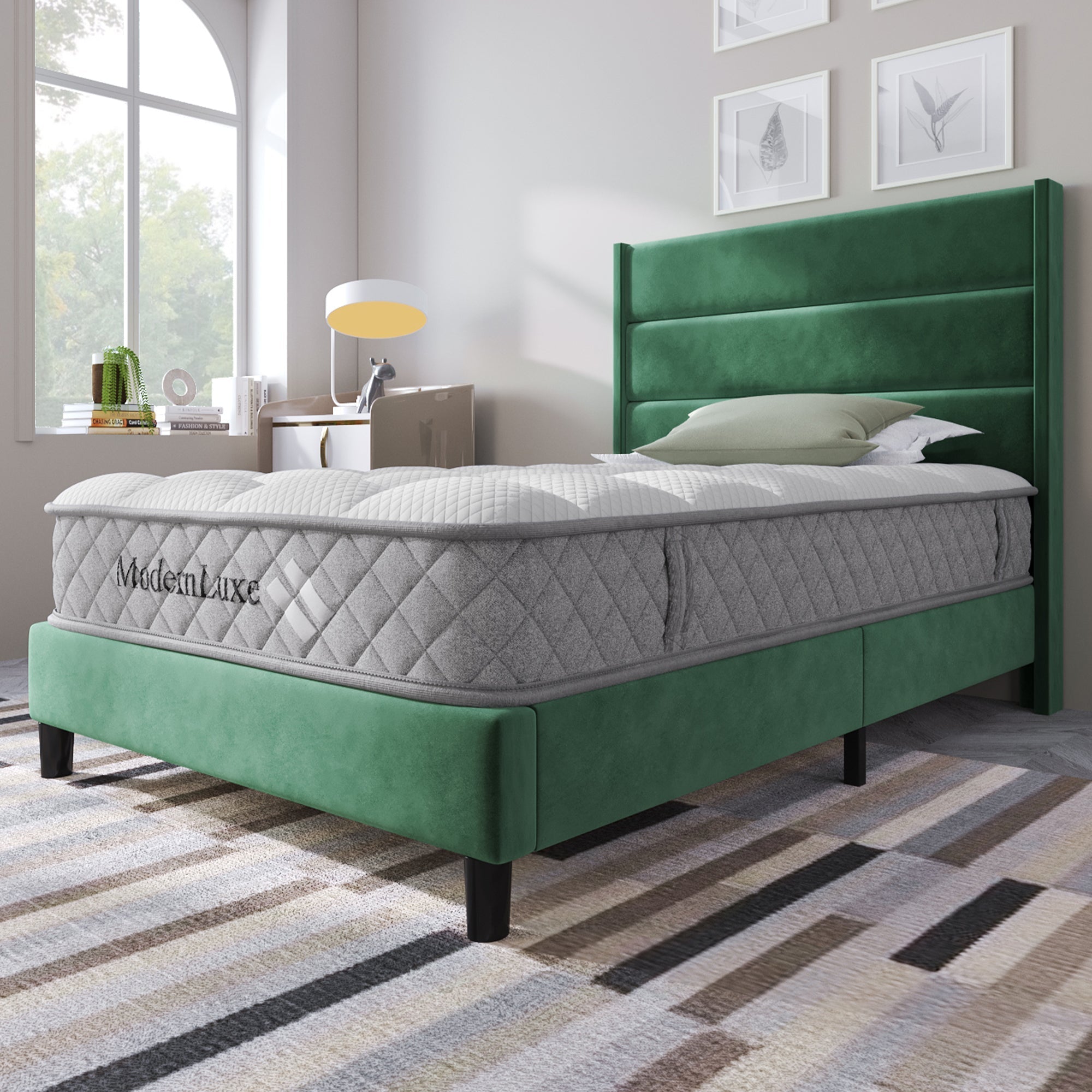 Upholstered Bed, 90x200cm Double with Slatted Frame & Headboard, Dark Green Velvet