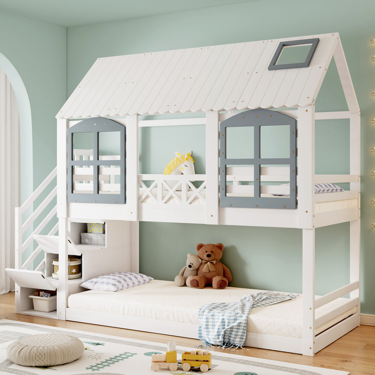 Bunk Bed with Roof & Window, Safety Gate & 3 Stair Lockers, 90x200cm Pine+MDF White+Grey