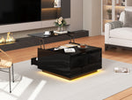 Living Room Coffee Table, Liftable with LED Light Strip, 1 Drawer, Hidden Storage & Flip-Up Doors, High-Gloss Black