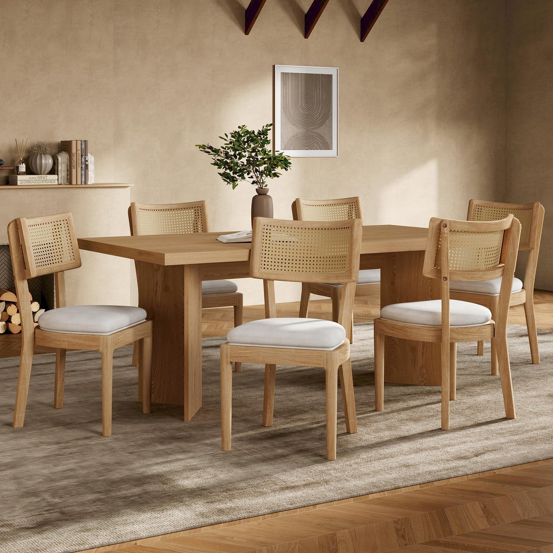 Solid Wood Dining Chairs with Rattan Backrests and Linen Seats, Set of 2, Wood Color
