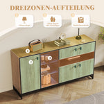Modern Minimalist Storage Cabinet with Double Doors, Open Shelving and Glass Shelves, Wood and Metal