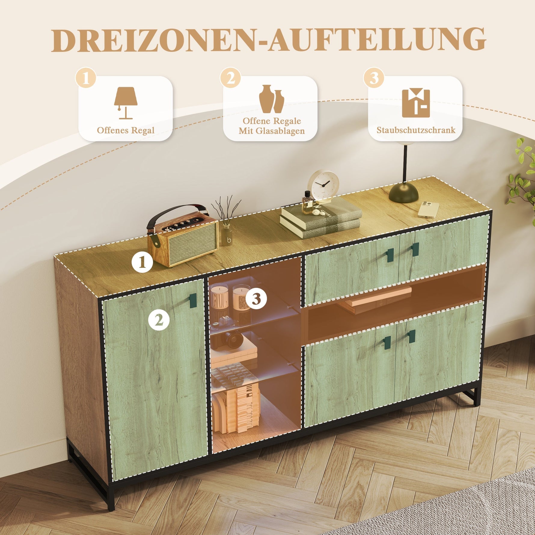 Modern Minimalist Storage Cabinet with Double Doors, Open Shelving and Glass Shelves, Wood and Metal