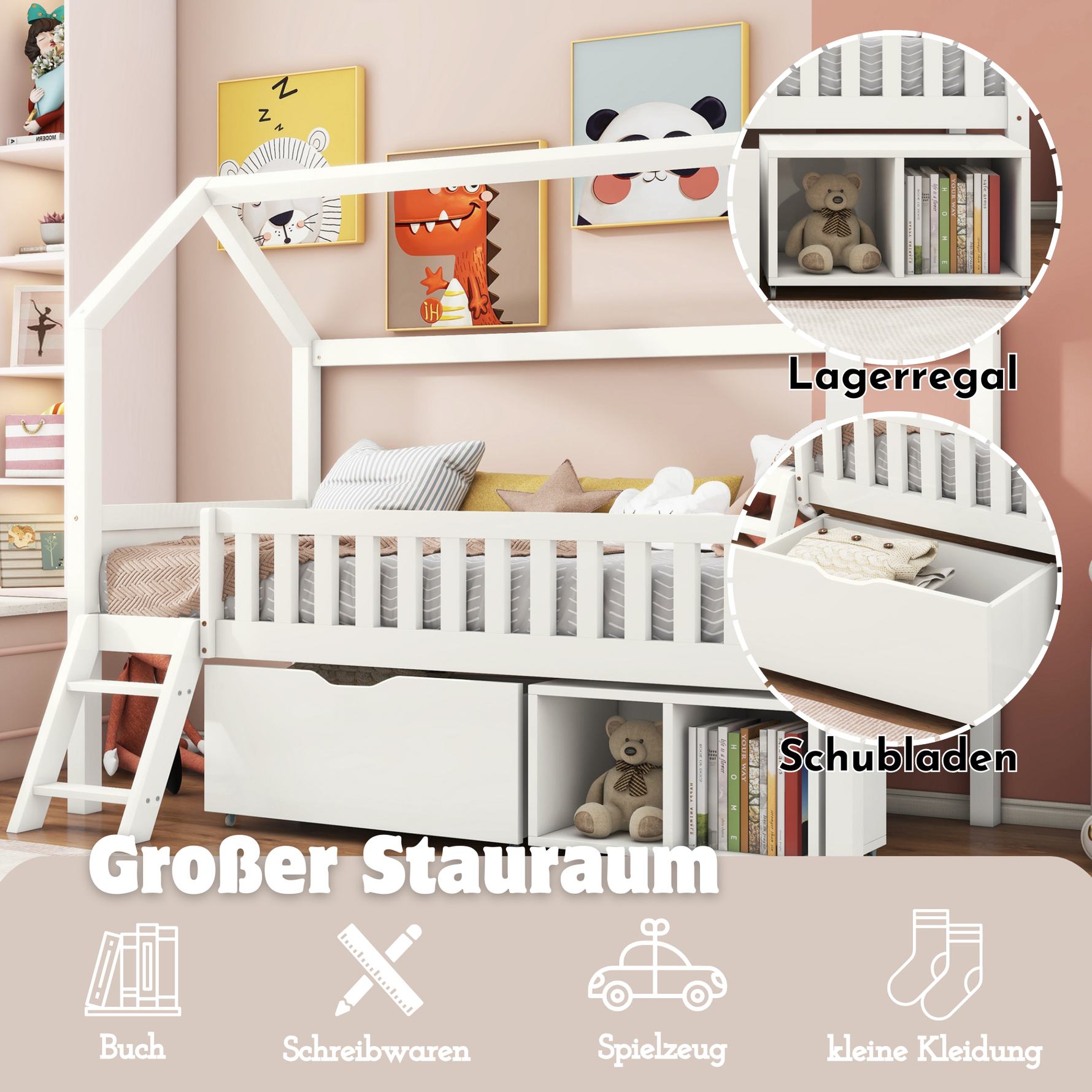 House Bed for Children and Youth 200x90 with Drawers, Storage and Anti-Drop Railing, White Pine