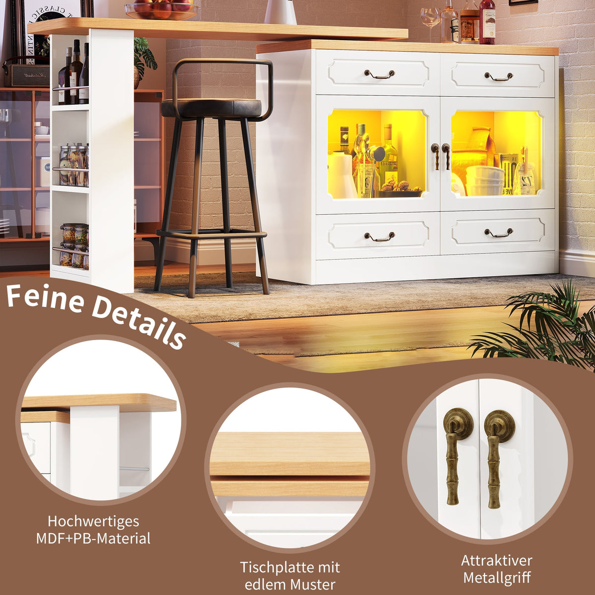 Bar Table Kitchen Island Extendable 360° Rotatable LED Storage White