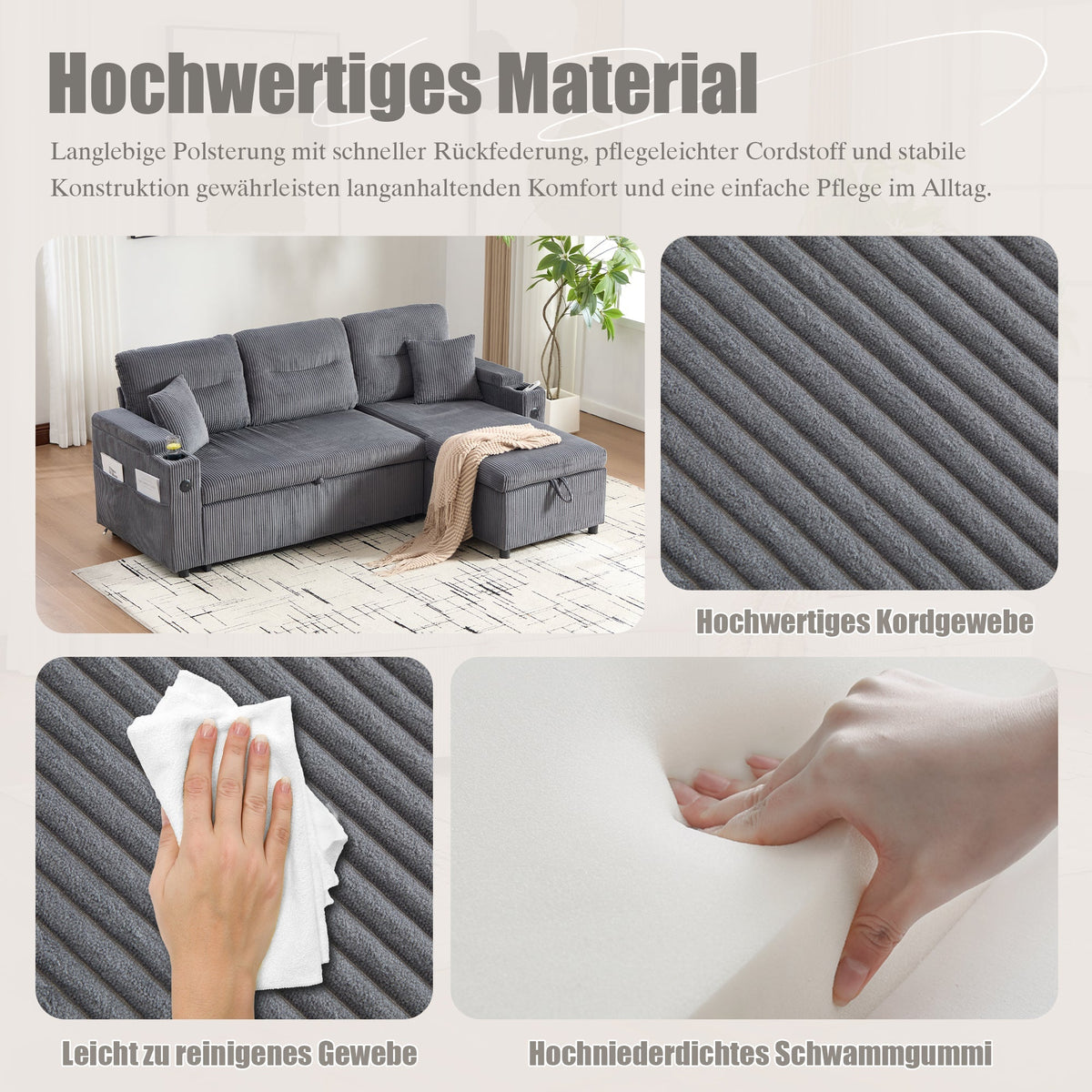 Modern 3-Seater Sofa with Storage, Cup Holders and USB-C Charging, Corduroy