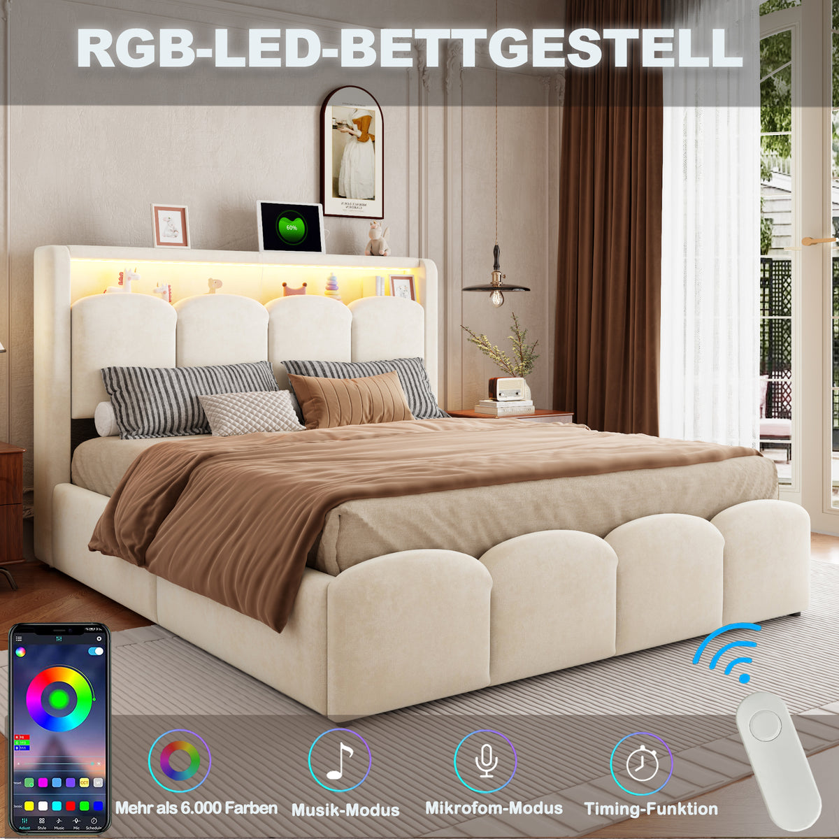 Upholstered Bed 140x200 with Hydraulic Storage & LED, Beige Velvet