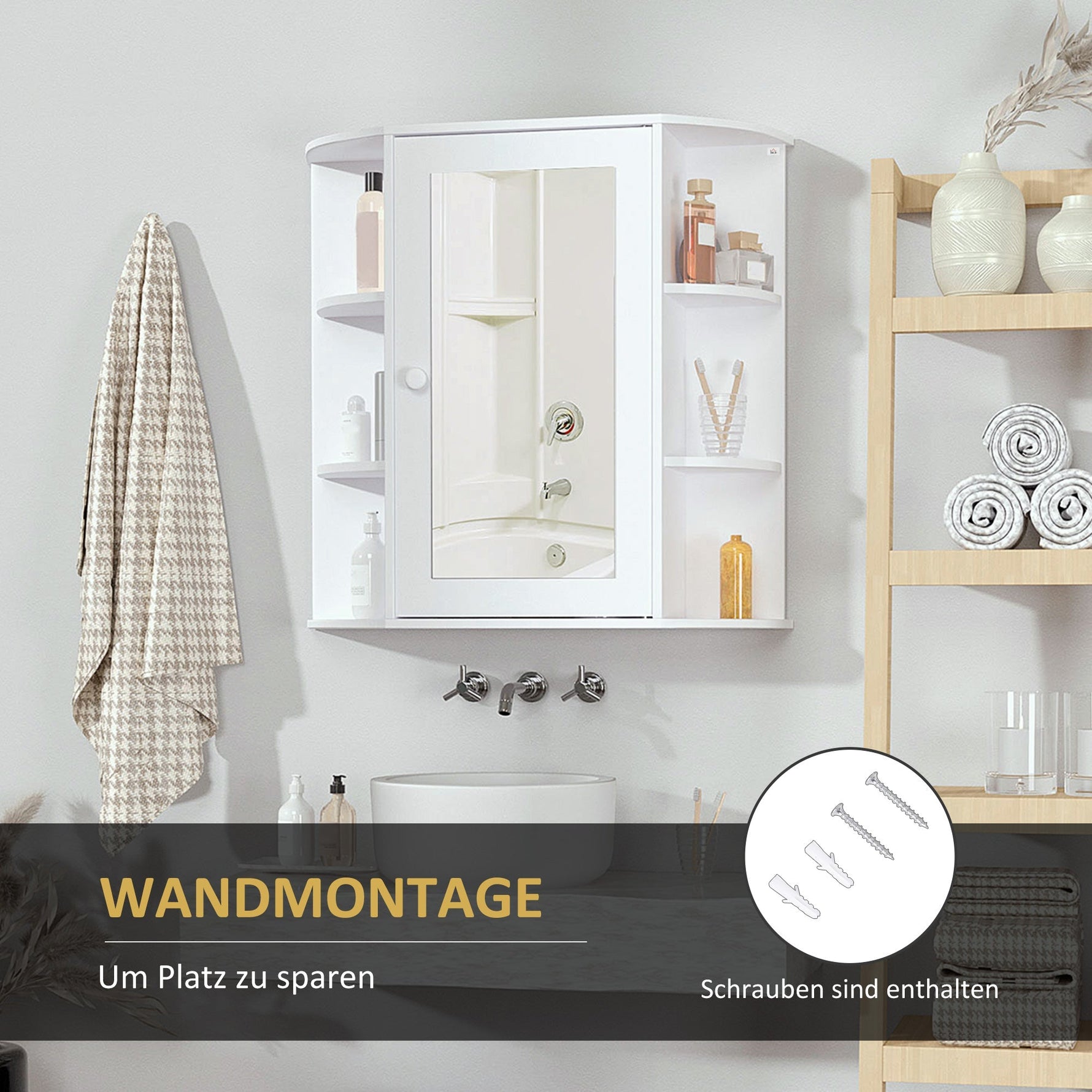 Mirror Cabinet, Wall Mounted with 8 Compartments, White