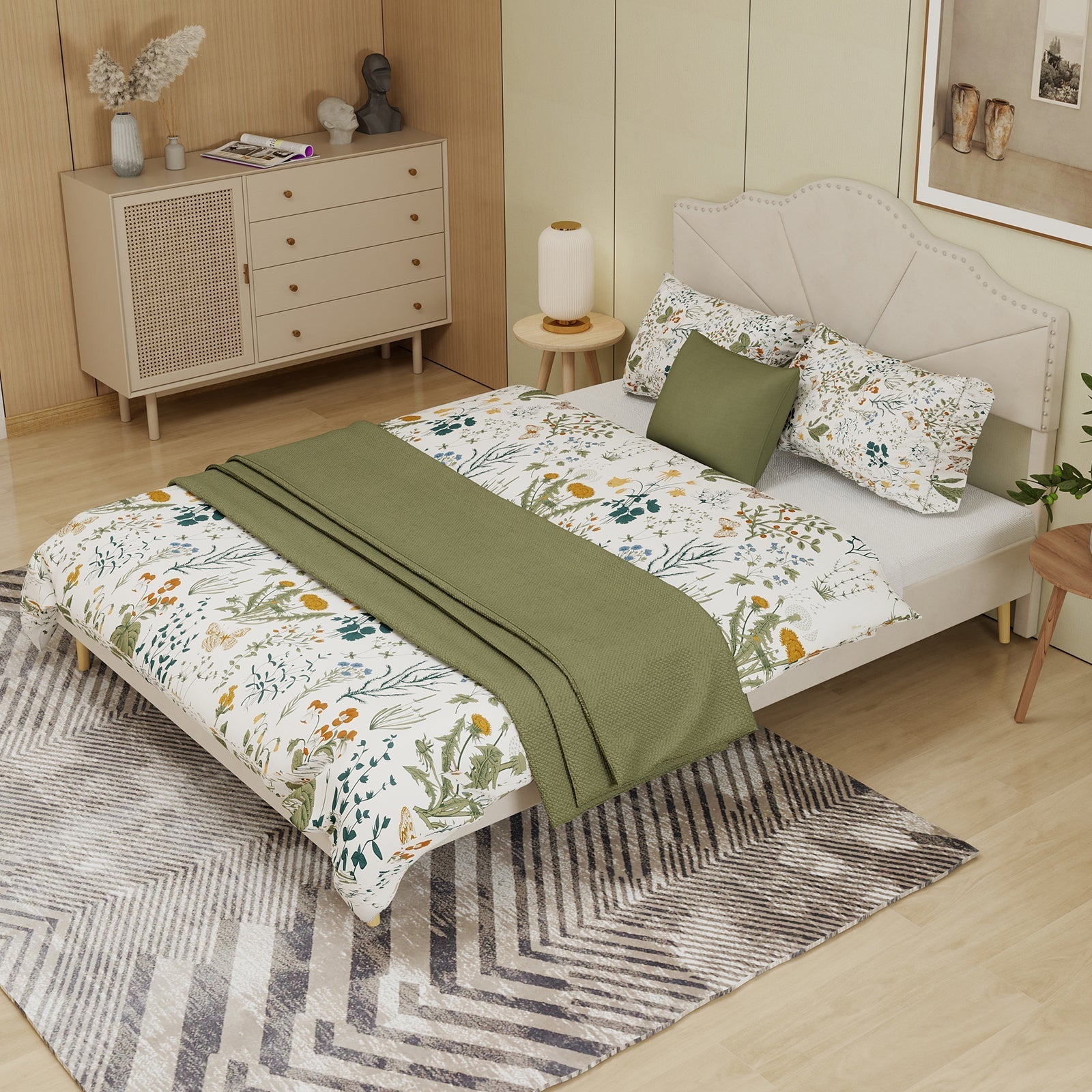 Modern Minimalist Soft Bed, Comfortable Soft Headboard 160x200cm Low Box, Beige