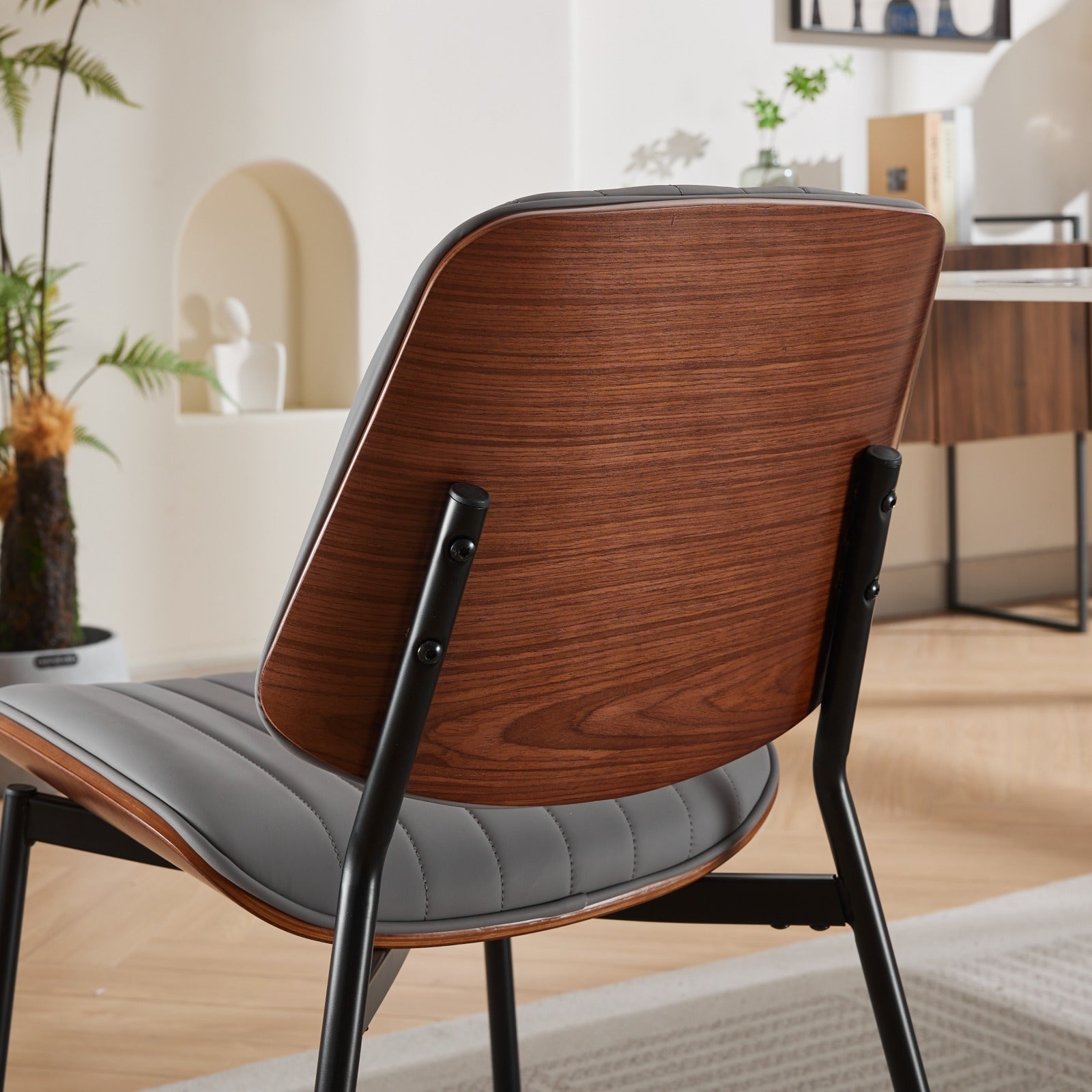 Dining Chairs Set of 2 Mid Century Modern Walnut Bentwood Back - Gray PU Leather