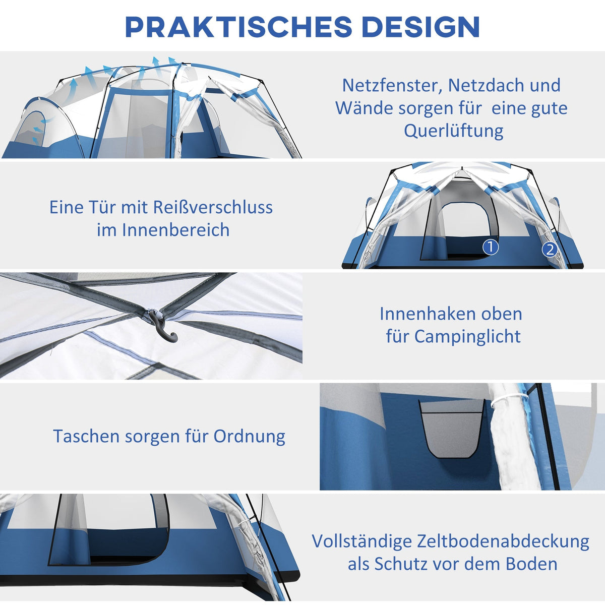 Camping Tent, 6-8 Persons Family Tent with Vestibule and 2 Windows, Blue