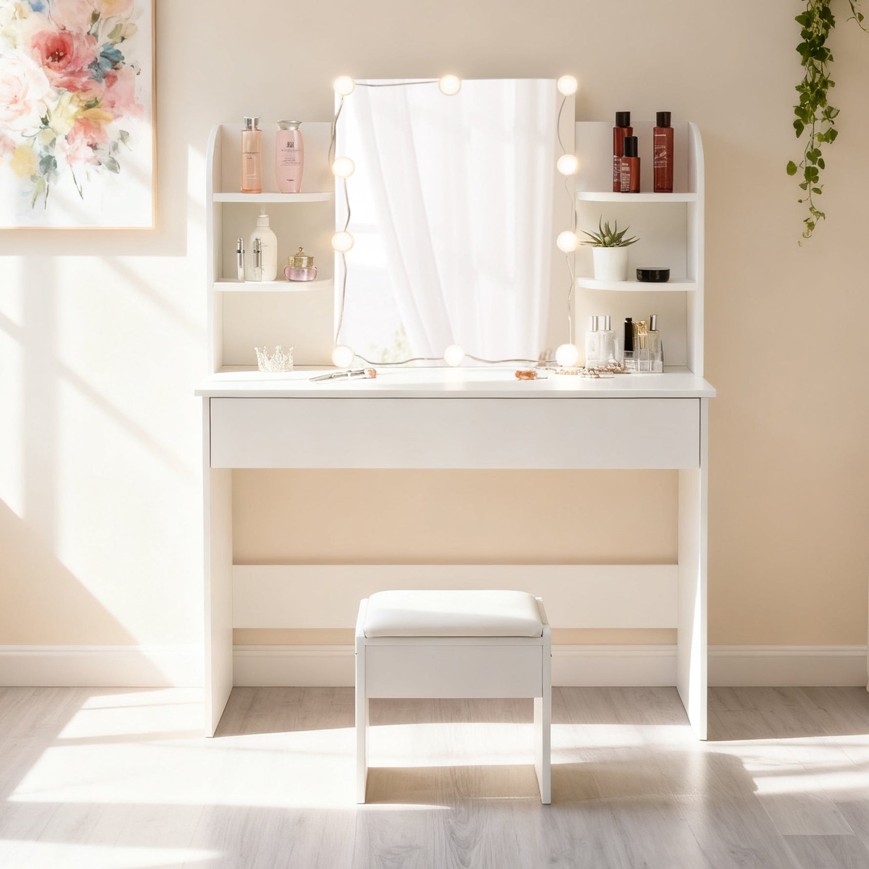 Dressing Table with Stool, LED Lighted Mirror, White