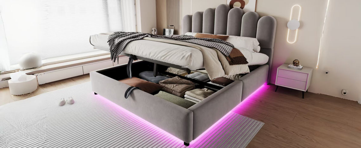 Upholstered Bed 140x200cm with Storage & LED Light - Grey Velvet