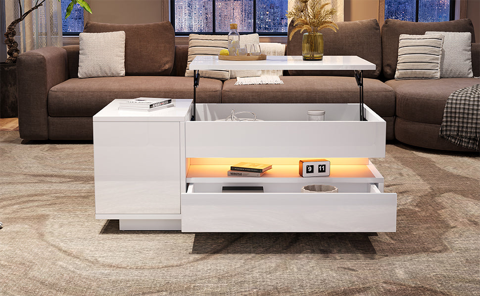 Liftable Coffee Table, 95*50*34.5cm with 1 Drawer & LED, White