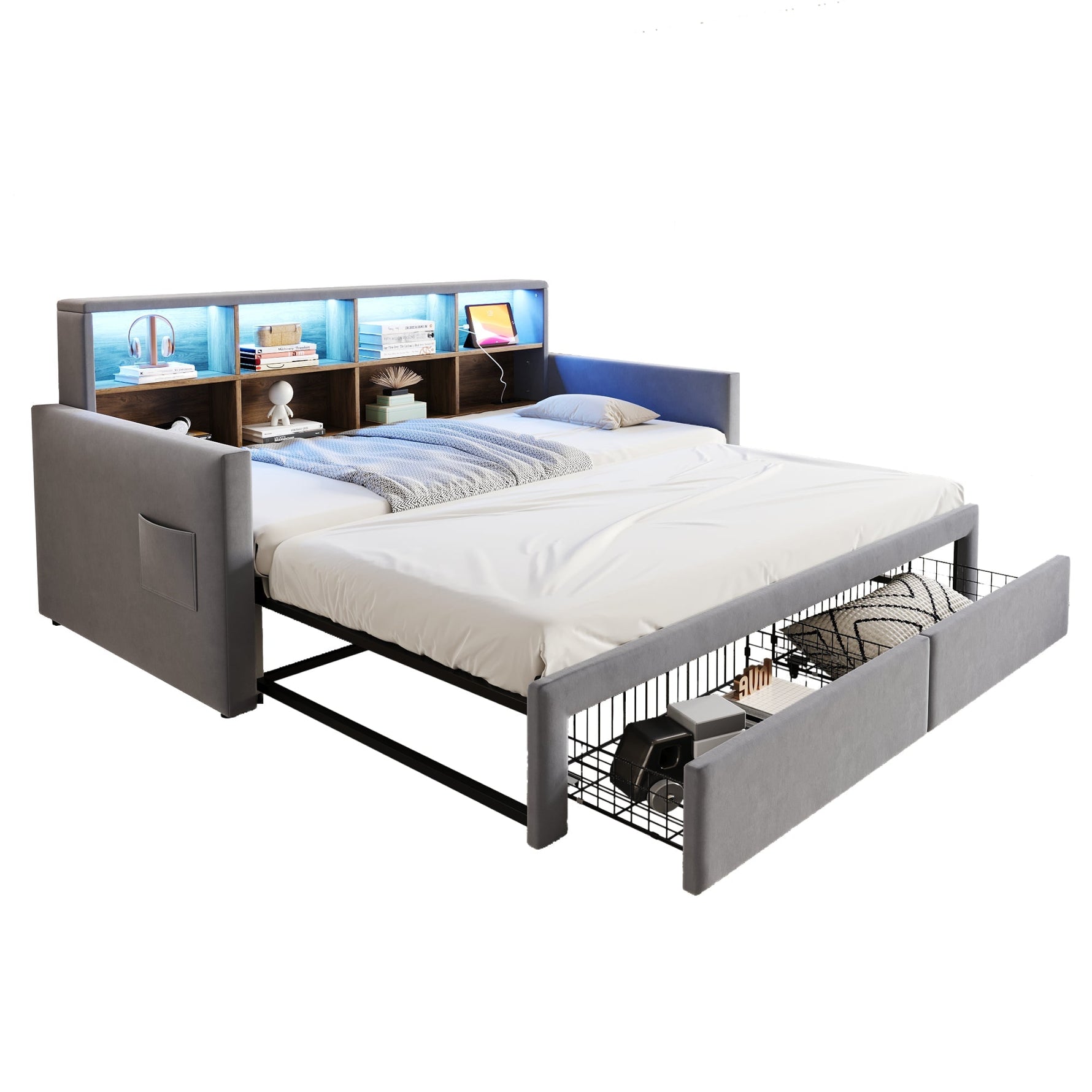 Extendable Upholstered Sofa Bed with LED Headboard, Storage and Charging Ports, Light Grey Velvet