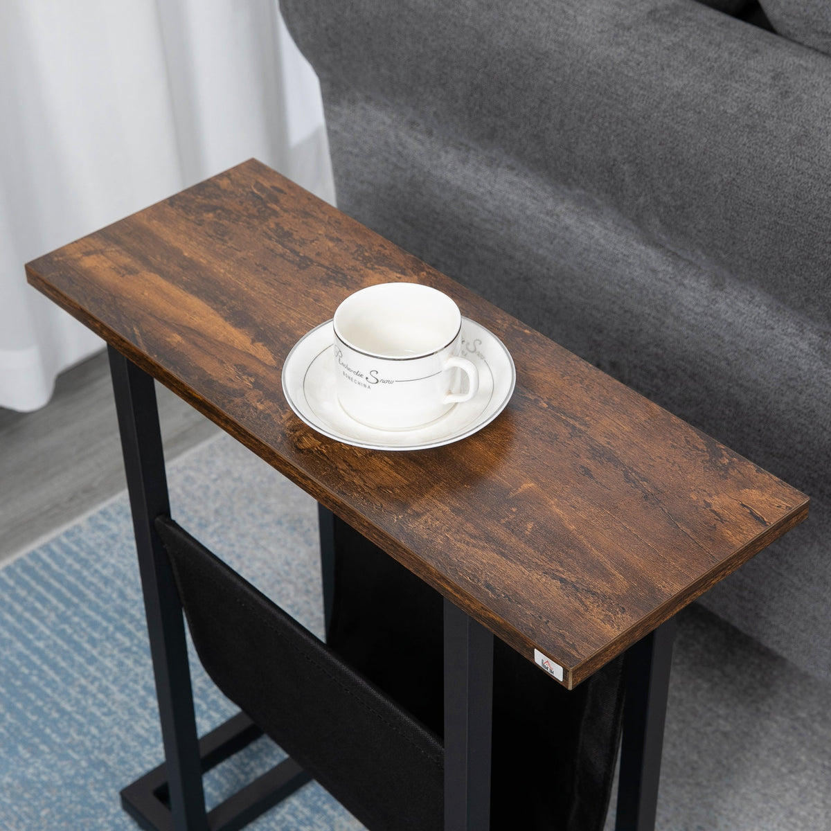 Side Table Coffee Table Nightstand, Fabric Bag Steel Frame, Dark Brown and Black