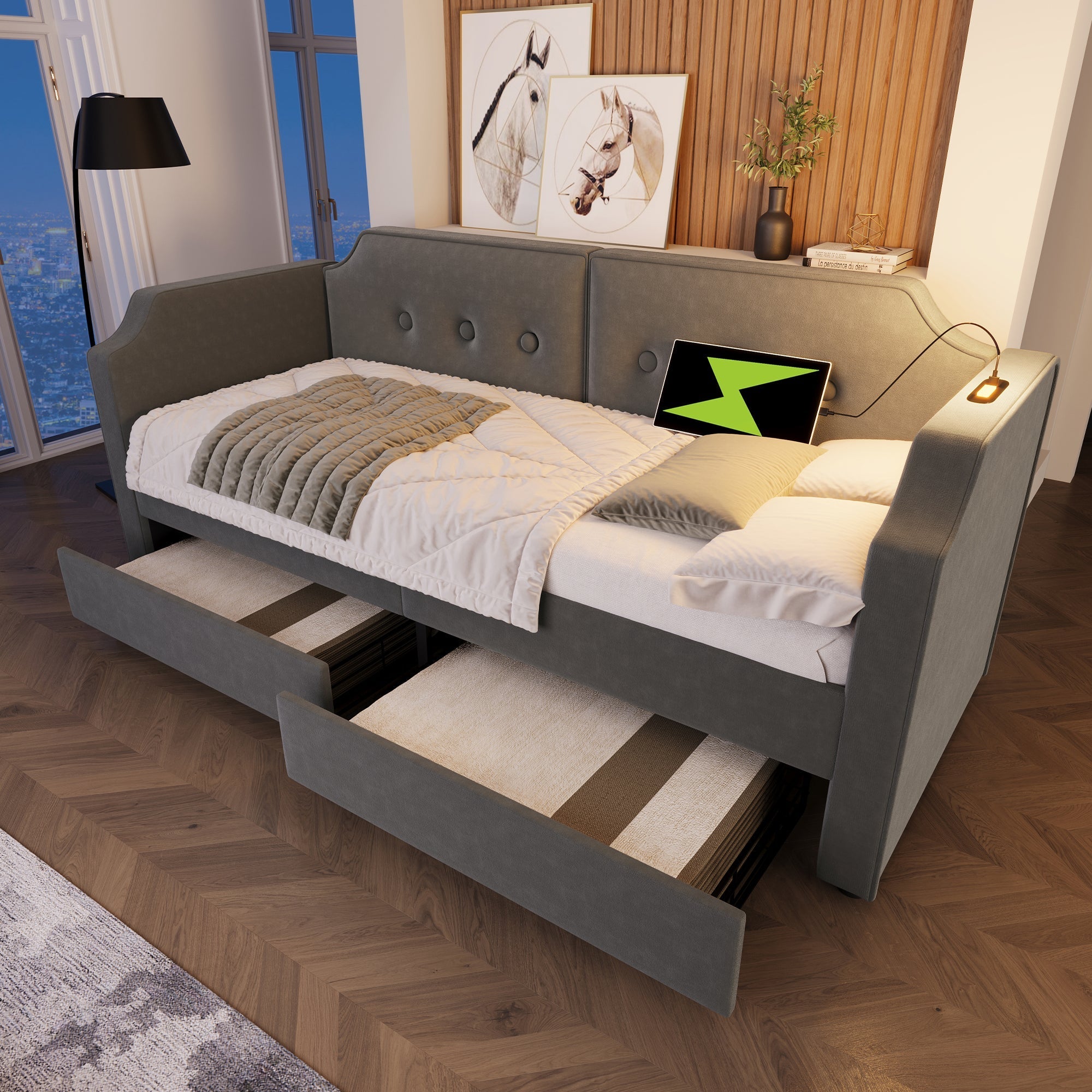 Sofa Bed 90x200 cm, USB-C Reading Light, 2 Storage Drawers, Velvet Gray