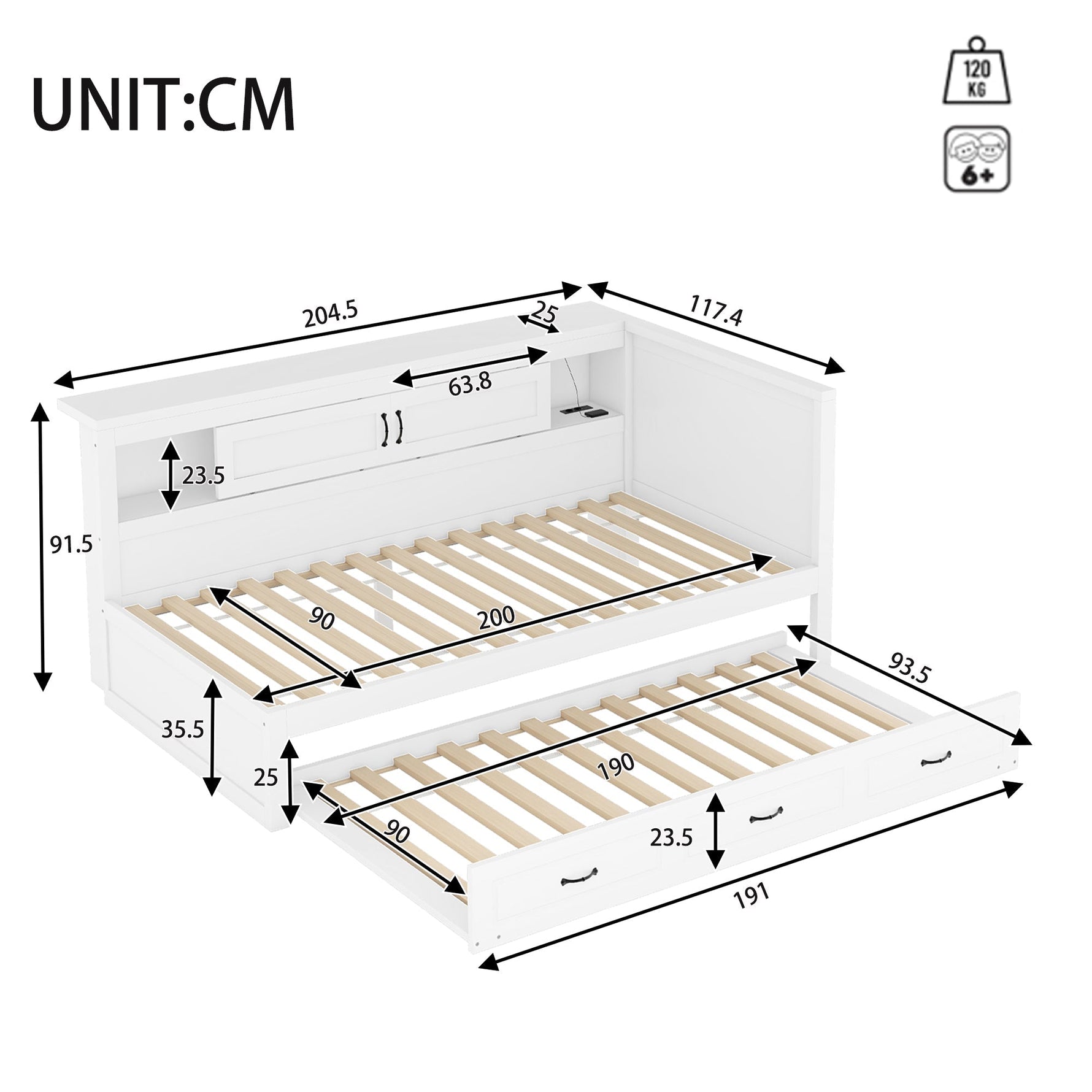 Sofa Bed Daybed with LED Lights, Pull-Out Bed and USB Charging, White