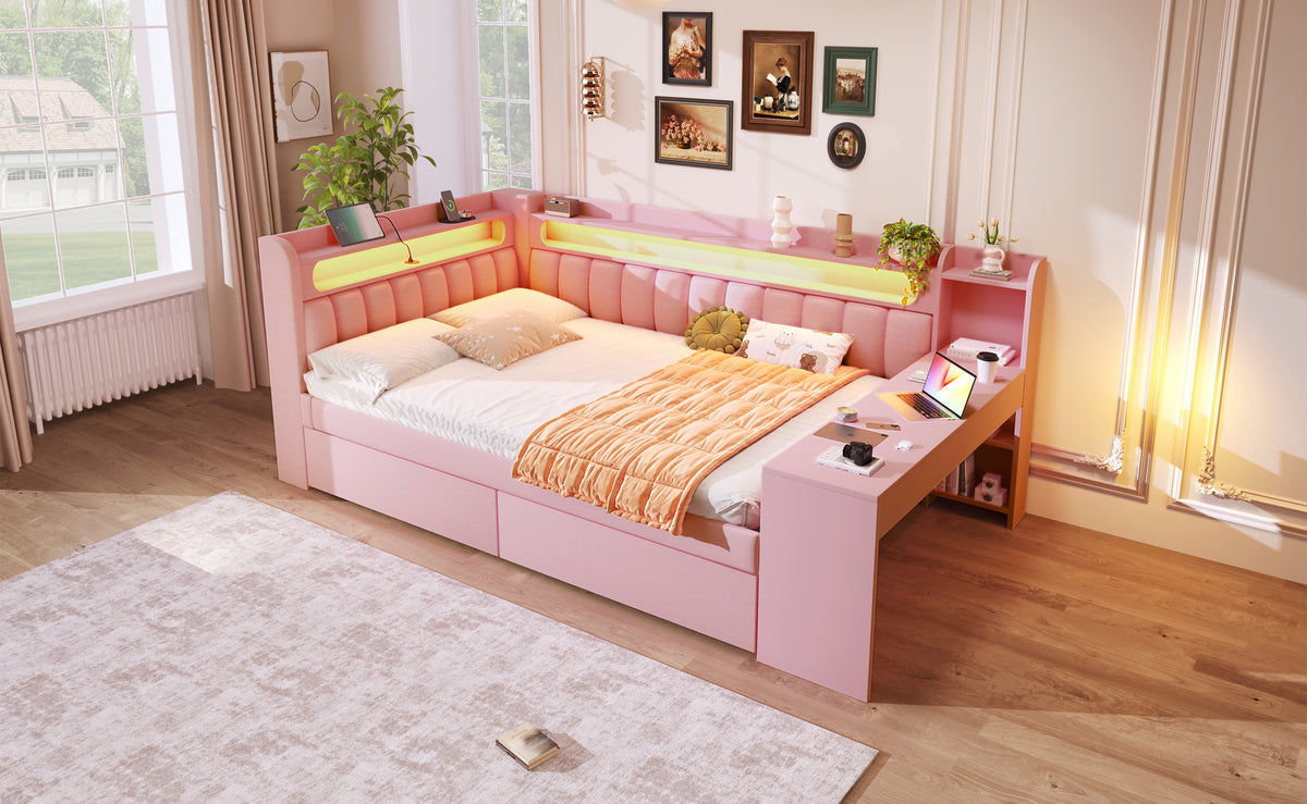 Upholstered Daybed 140x200 with Desk, USB & 2 Drawers, Pink